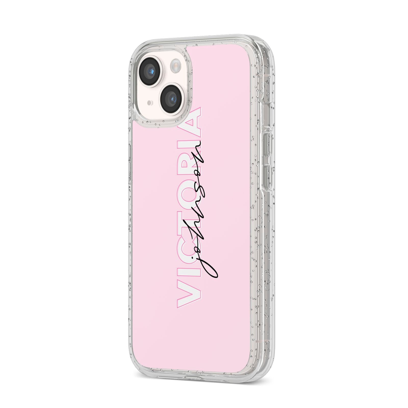 Personalised Pink Outline Name iPhone 14 Glitter Tough Case Starlight Angled Image