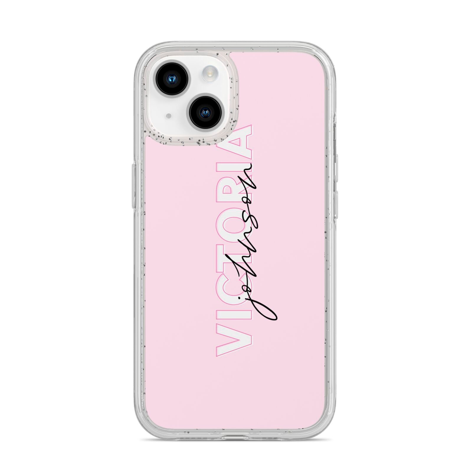 Personalised Pink Outline Name iPhone 14 Glitter Tough Case Starlight