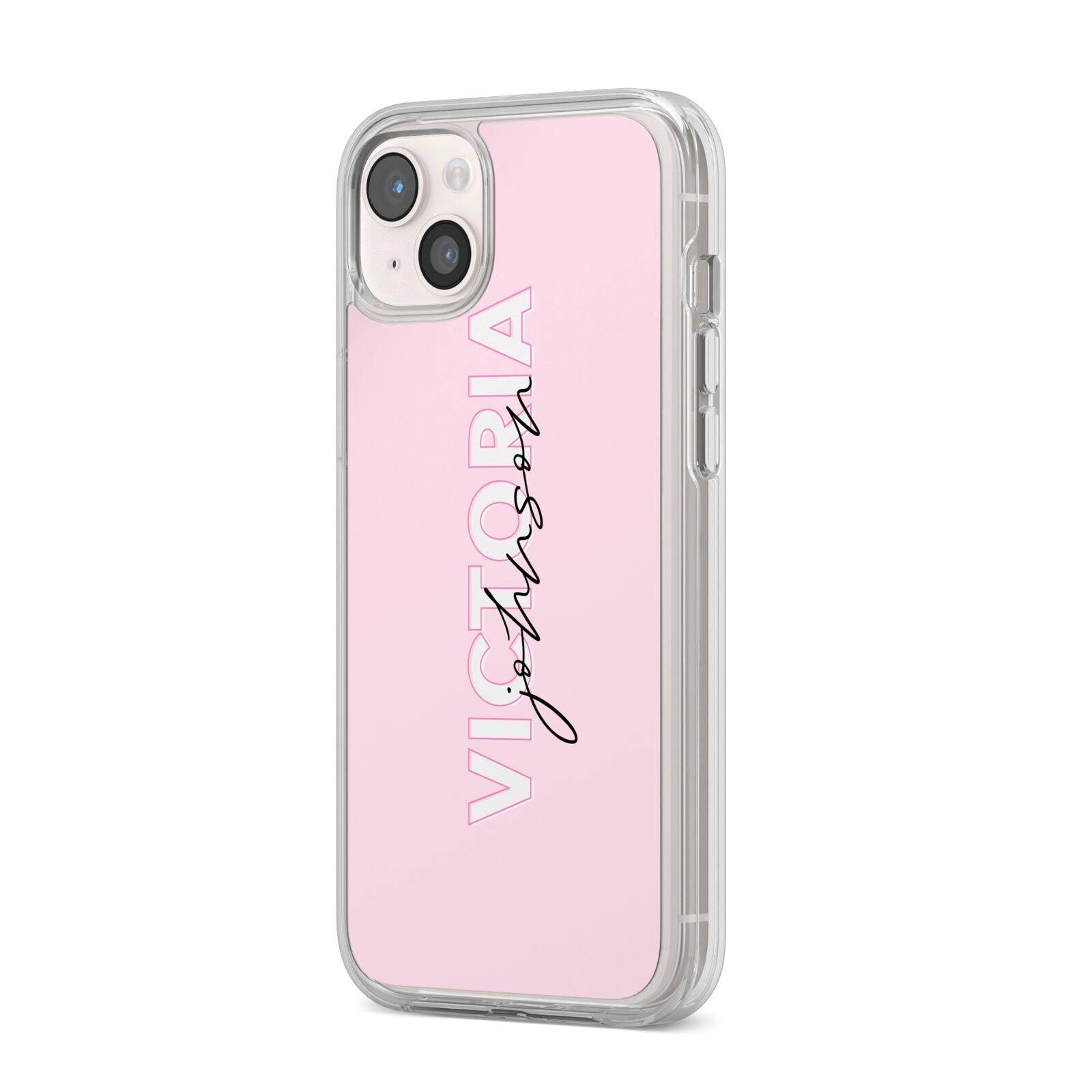 Personalised Pink Outline Name iPhone 14 Plus Clear Tough Case Starlight Angled Image