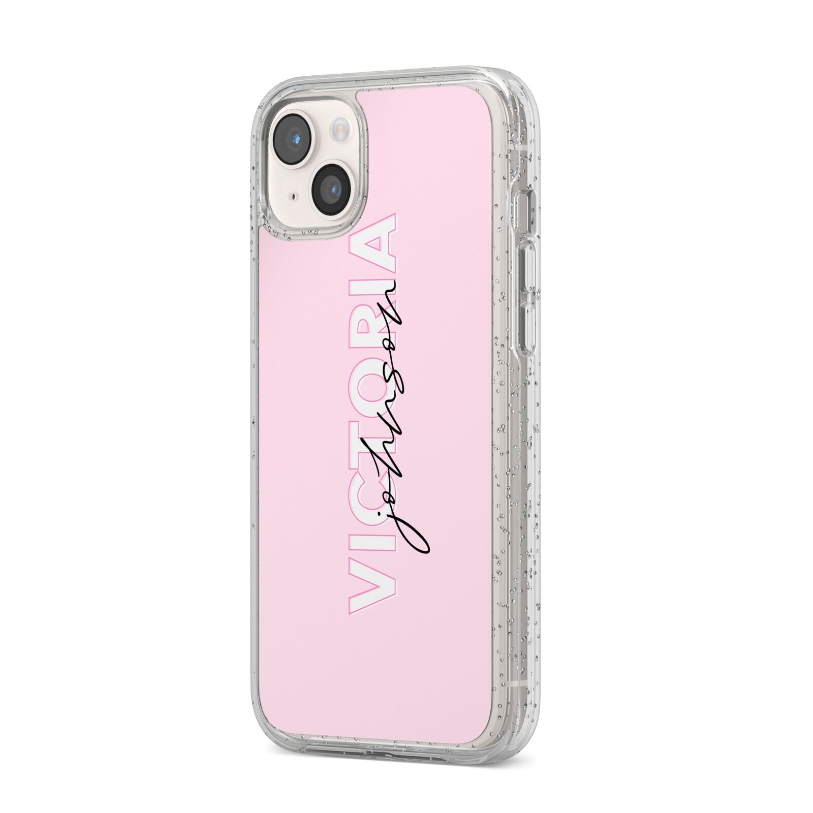 Personalised Pink Outline Name iPhone 14 Plus Glitter Tough Case Starlight Angled Image