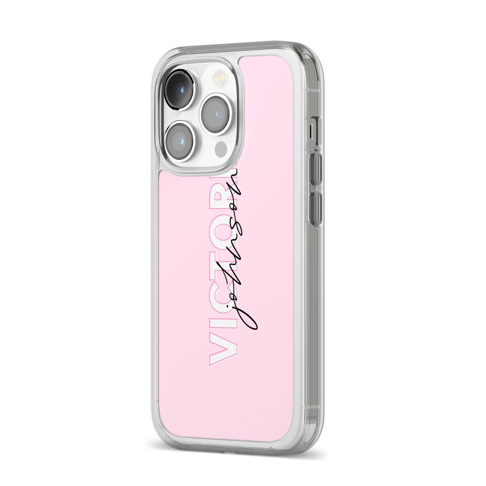 Personalised Pink Outline Name iPhone 14 Pro Clear Tough Case Silver Angled Image