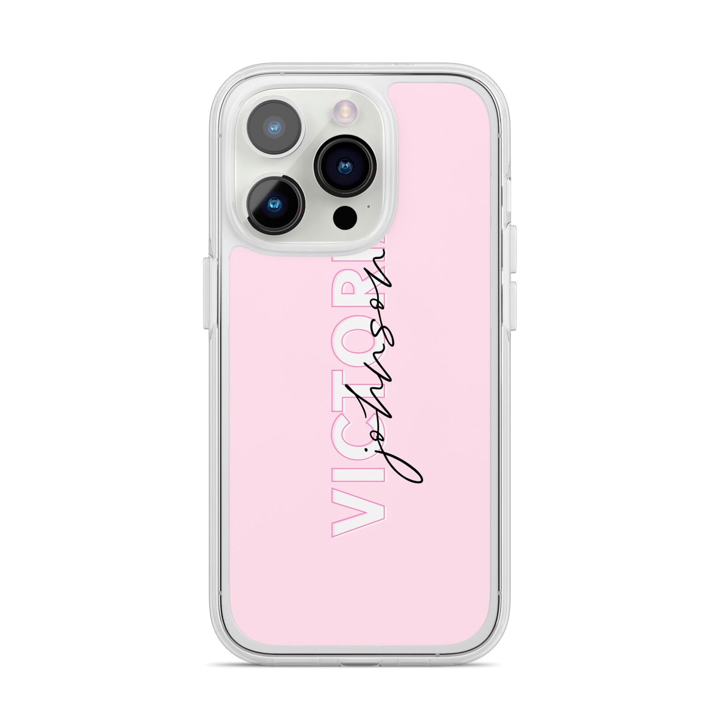 Personalised Pink Outline Name iPhone 14 Pro Clear Tough Case Silver