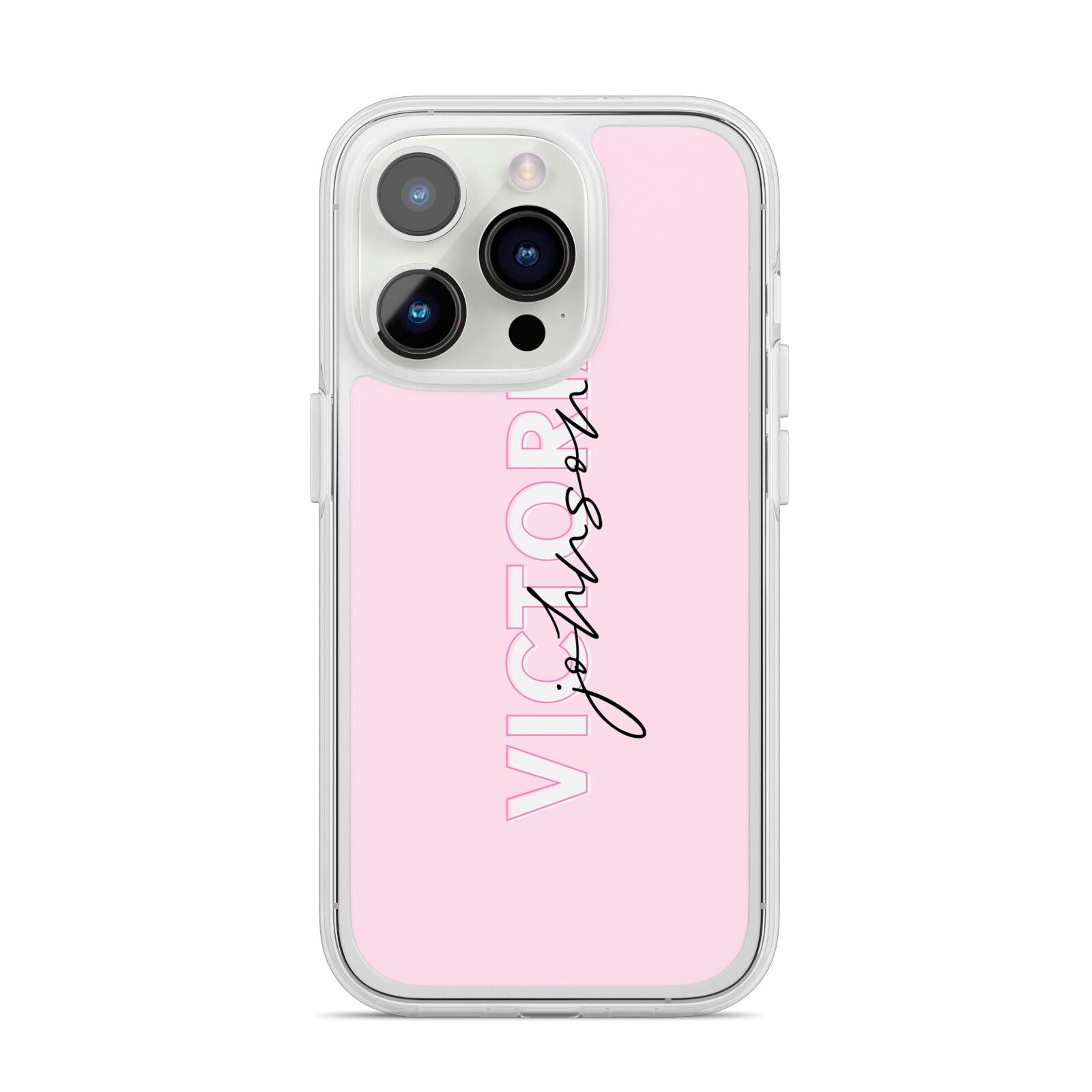 Personalised Pink Outline Name iPhone 14 Pro Clear Tough Case Silver