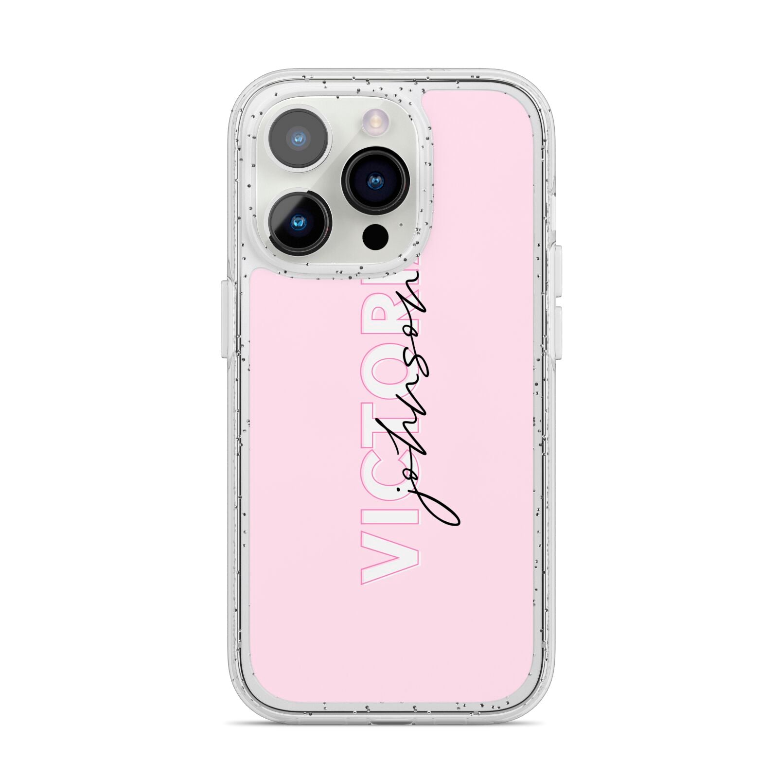 Personalised Pink Outline Name iPhone 14 Pro Glitter Tough Case Silver