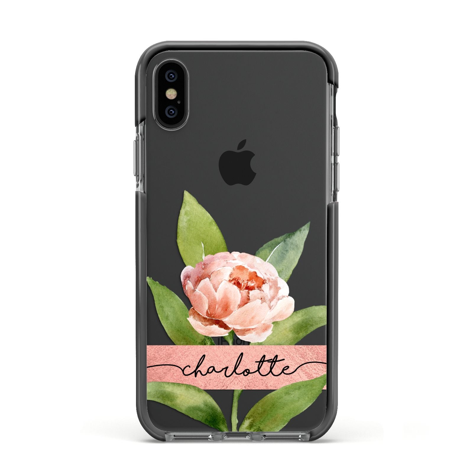 Personalised Pink Peony Apple iPhone Xs Impact Case Black Edge on Black Phone