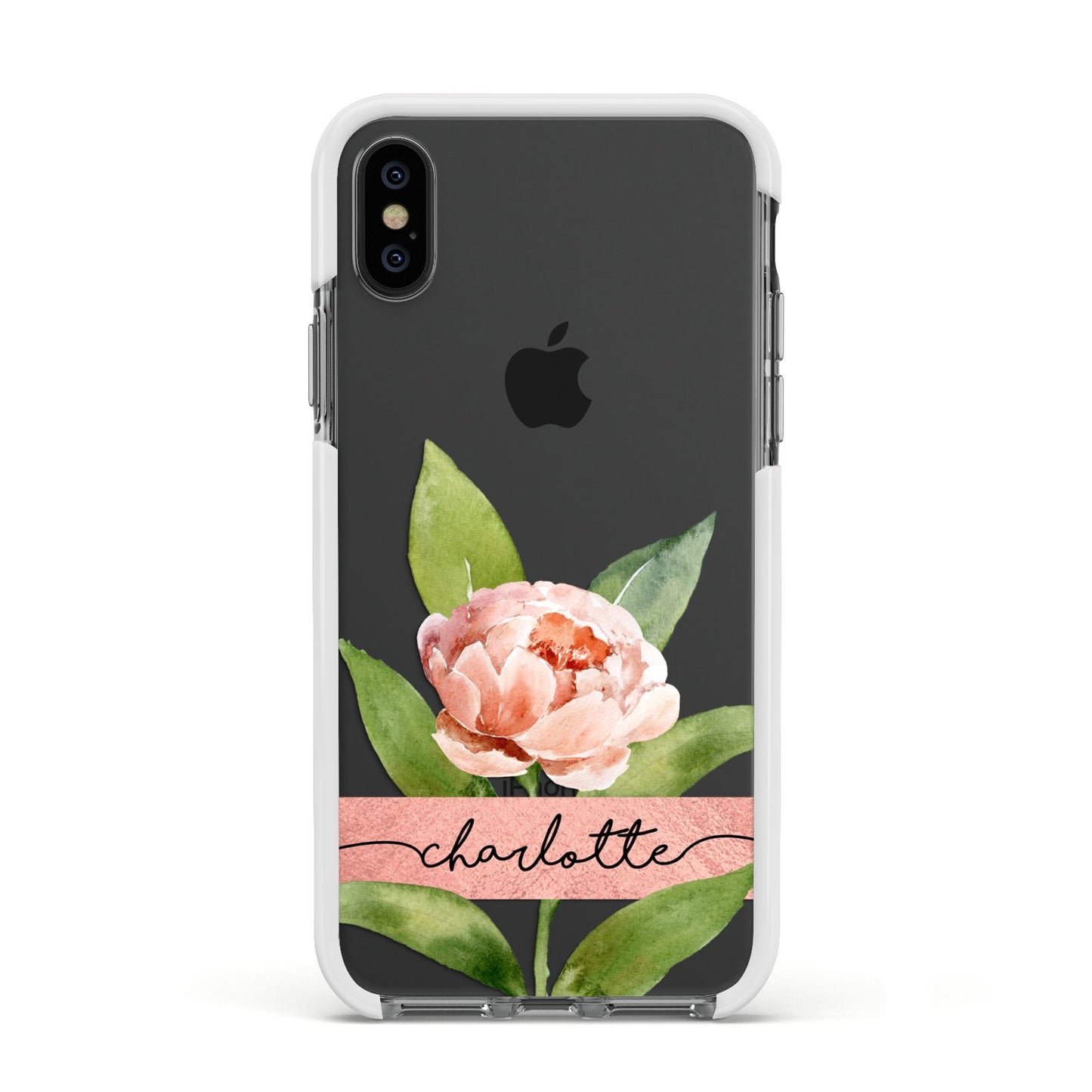 Personalised Pink Peony Apple iPhone Xs Impact Case White Edge on Black Phone