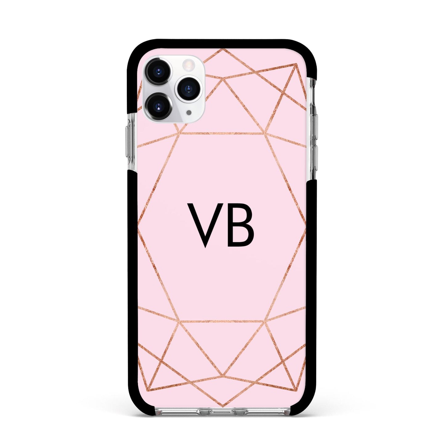 Personalised Pink Rose Gold Initials Geometric Apple iPhone 11 Pro Max in Silver with Black Impact Case