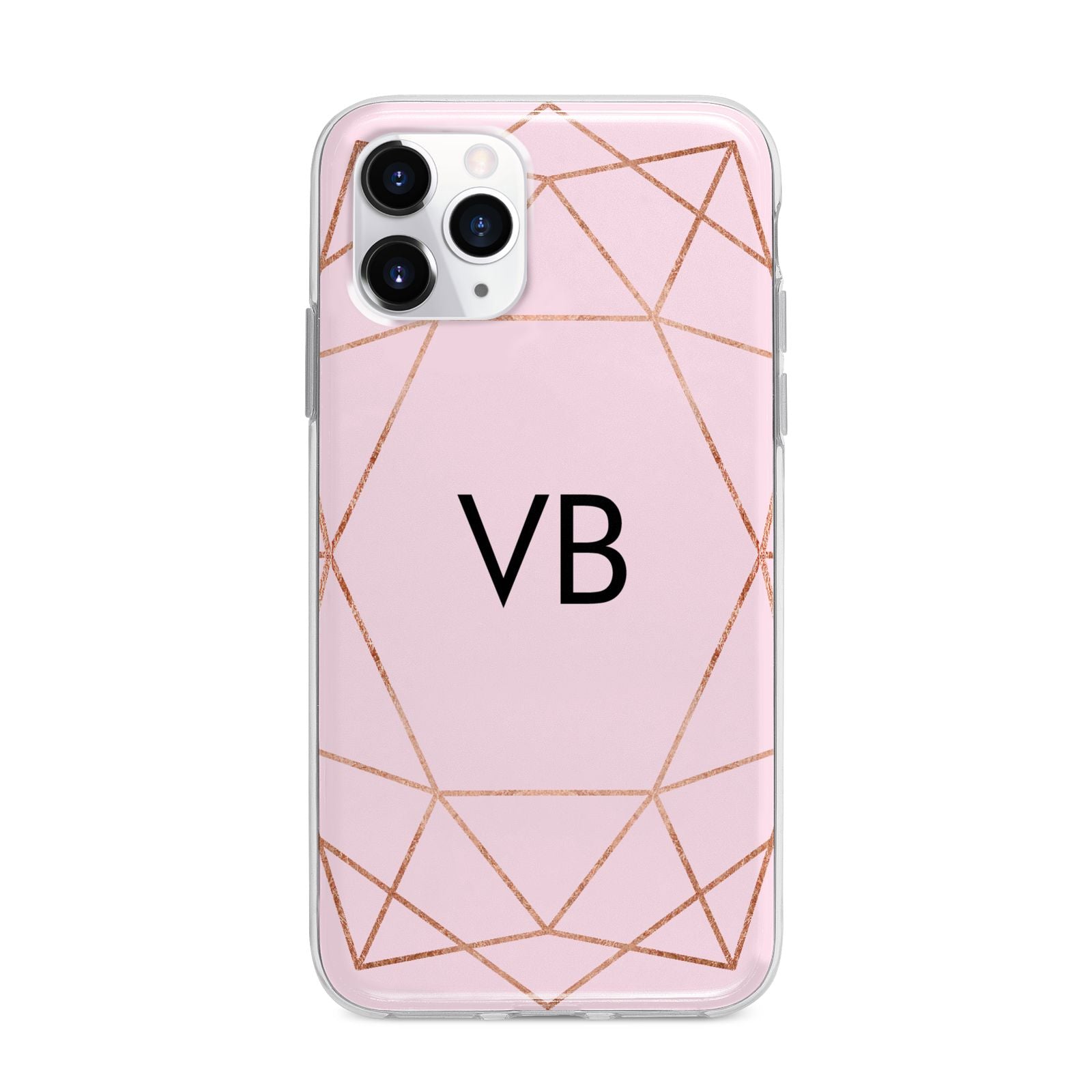 Personalised Pink Rose Gold Initials Geometric Apple iPhone 11 Pro Max in Silver with Bumper Case