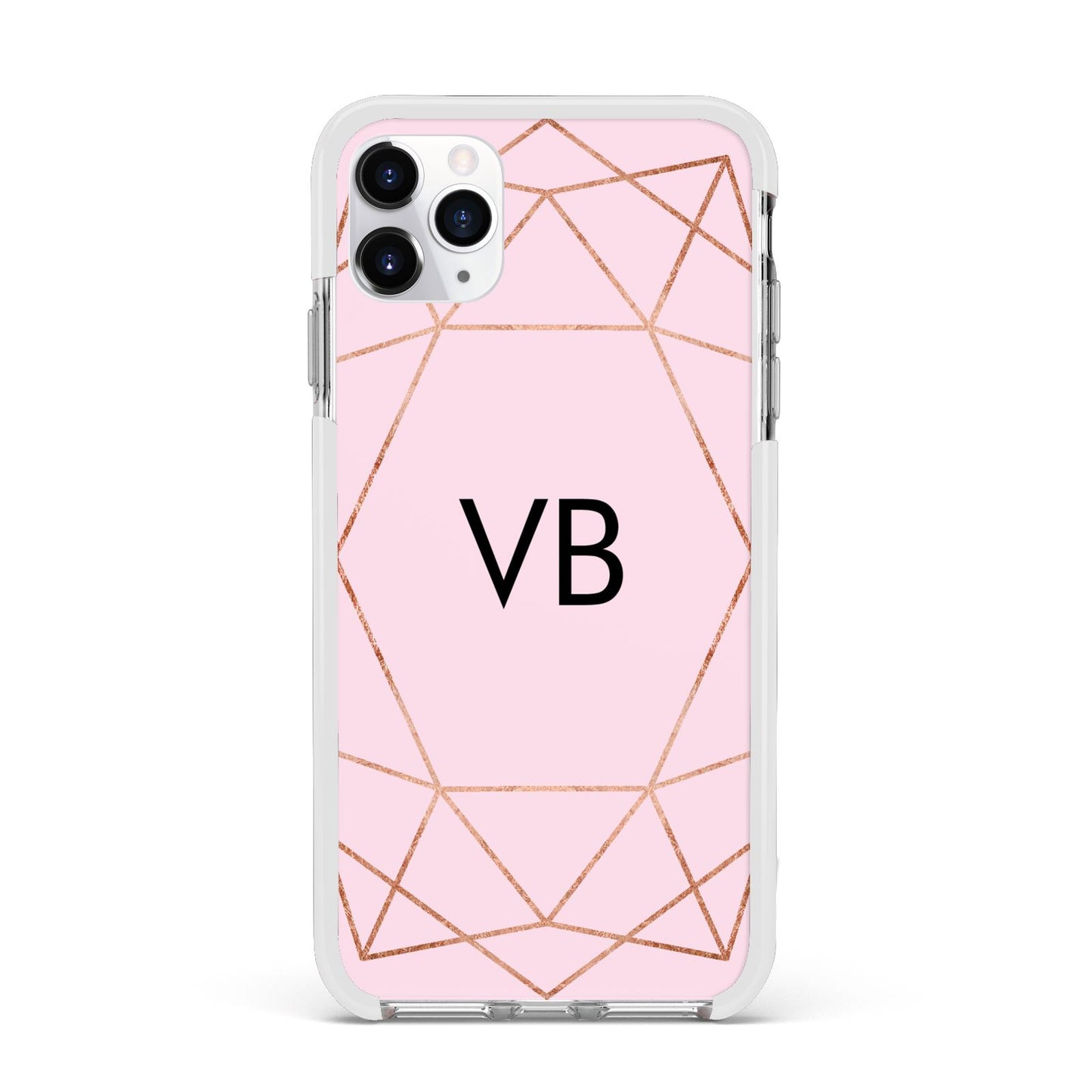 Personalised Pink Rose Gold Initials Geometric Apple iPhone 11 Pro Max in Silver with White Impact Case