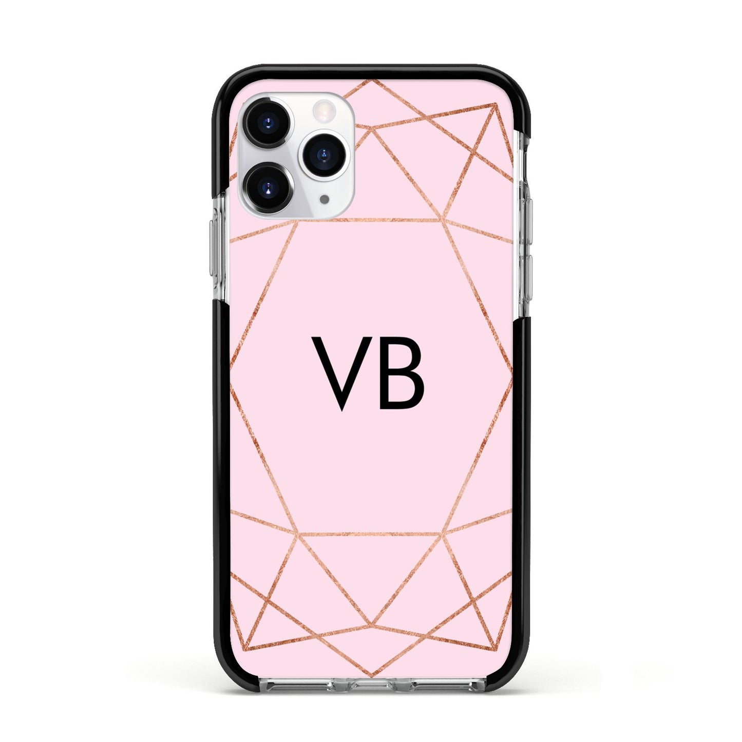 Personalised Pink Rose Gold Initials Geometric Apple iPhone 11 Pro in Silver with Black Impact Case