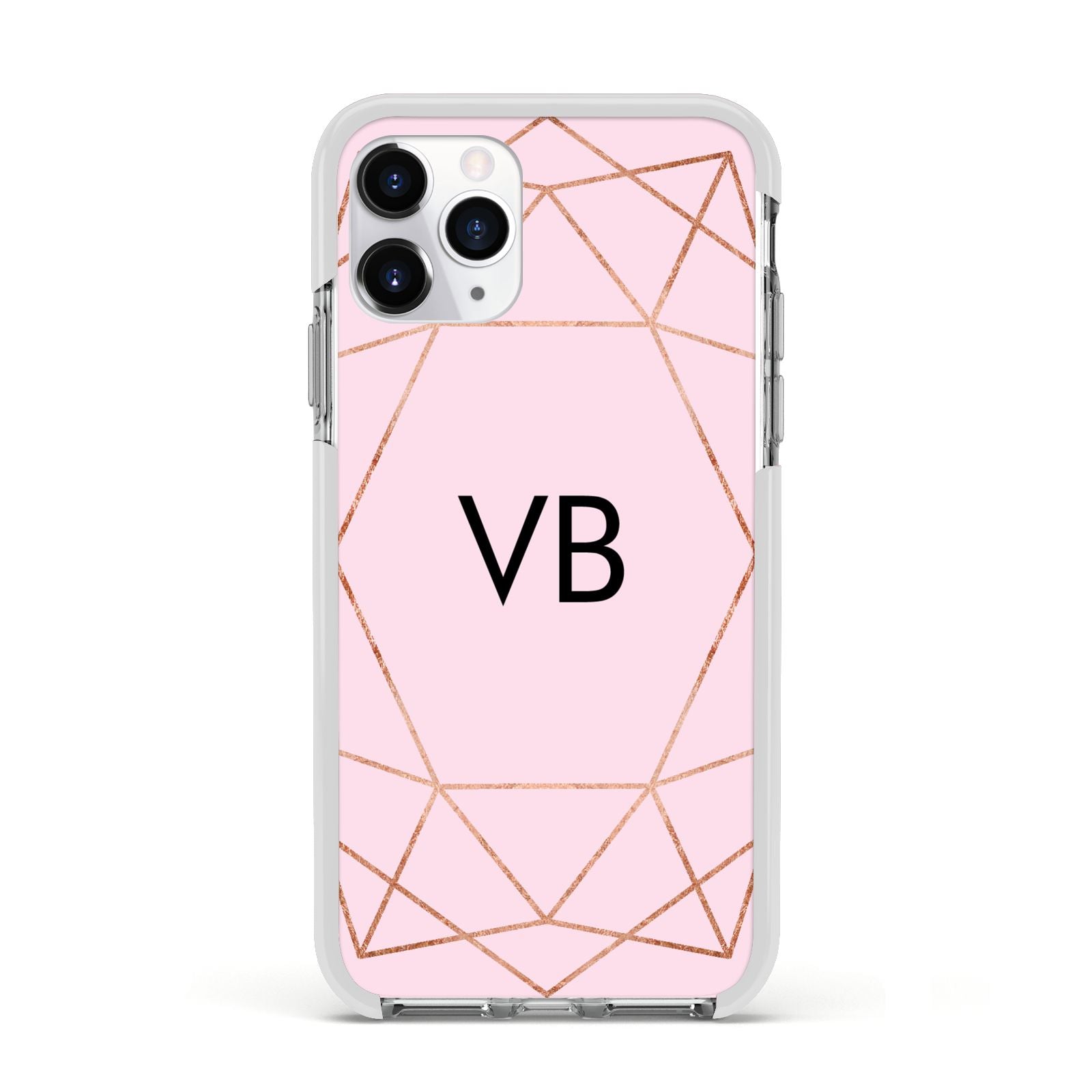 Personalised Pink Rose Gold Initials Geometric Apple iPhone 11 Pro in Silver with White Impact Case