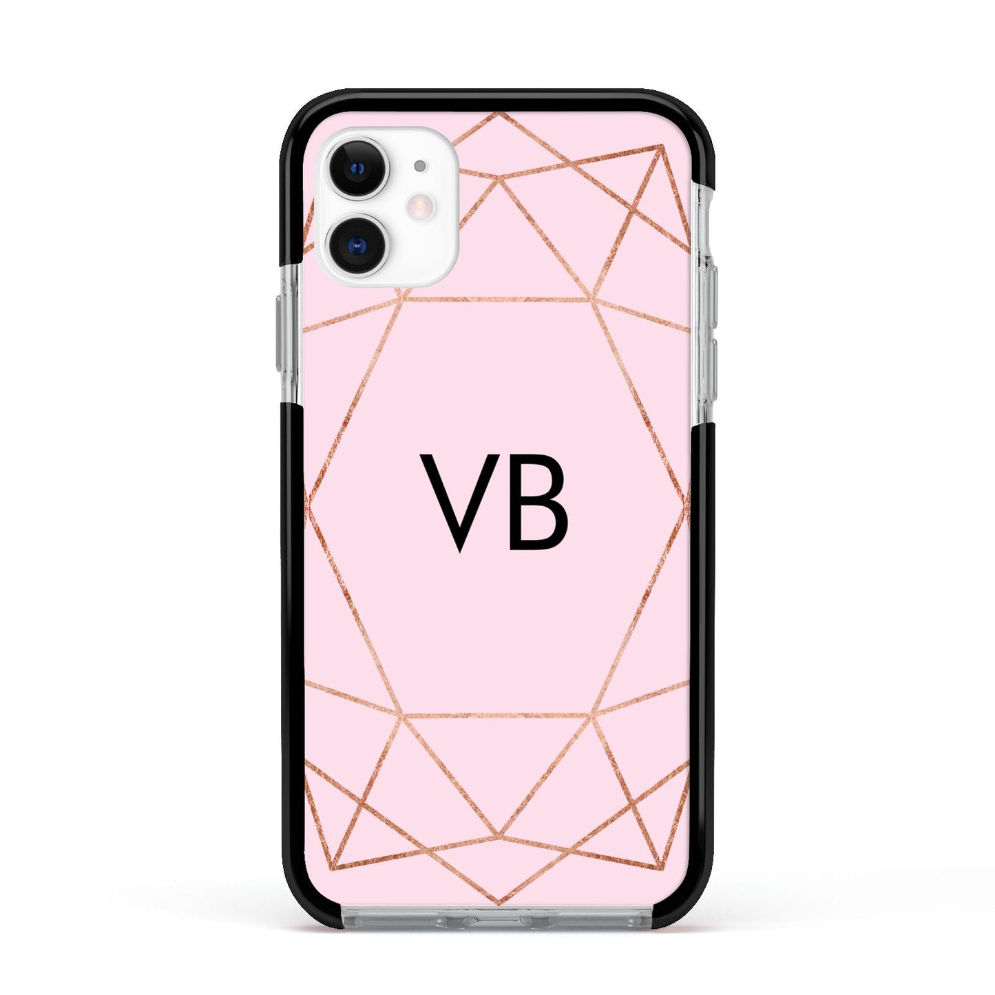 Personalised Pink Rose Gold Initials Geometric Apple iPhone 11 in White with Black Impact Case