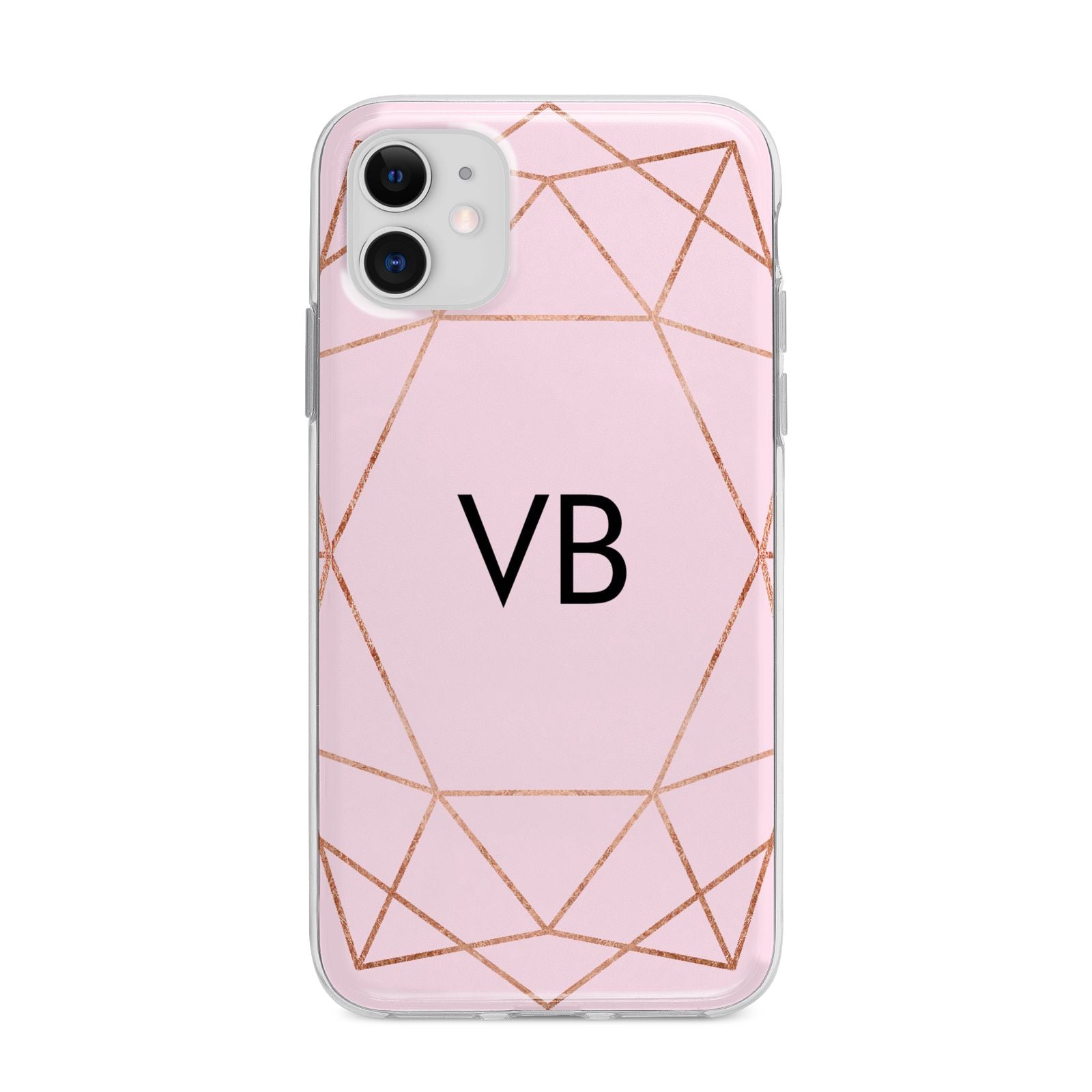 Personalised Pink Rose Gold Initials Geometric Apple iPhone 11 in White with Bumper Case