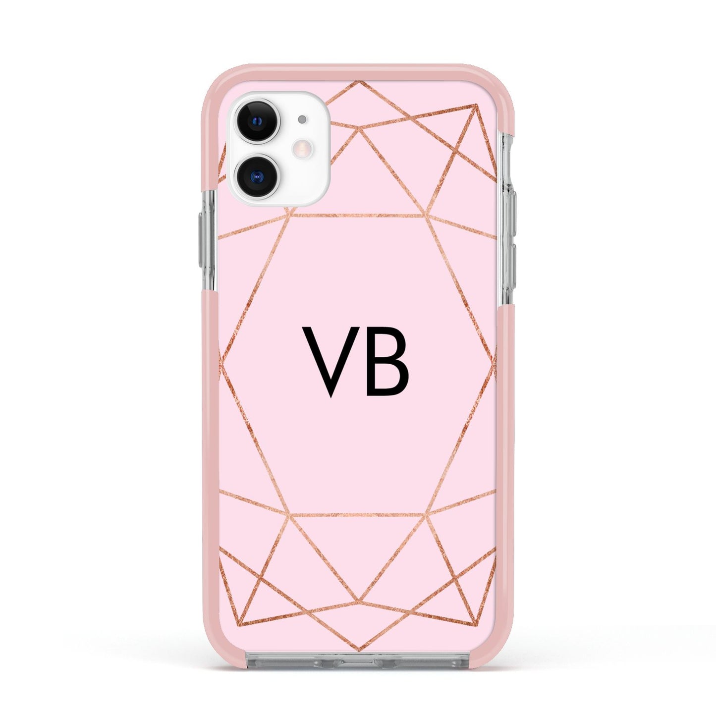 Personalised Pink Rose Gold Initials Geometric Apple iPhone 11 in White with Pink Impact Case