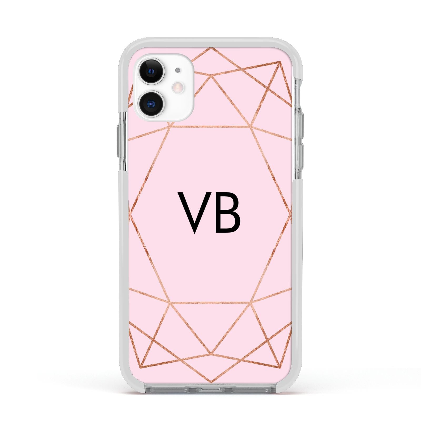 Personalised Pink Rose Gold Initials Geometric Apple iPhone 11 in White with White Impact Case