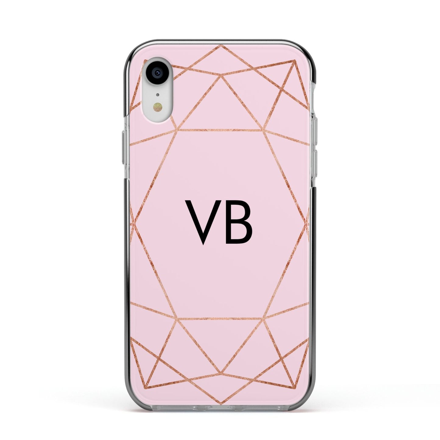 Personalised Pink Rose Gold Initials Geometric Apple iPhone XR Impact Case Black Edge on Silver Phone