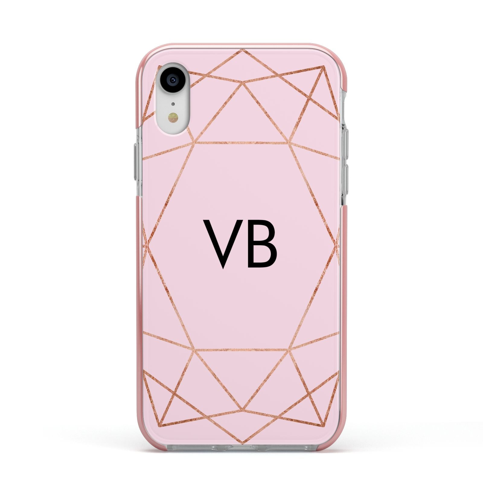 Personalised Pink Rose Gold Initials Geometric Apple iPhone XR Impact Case Pink Edge on Silver Phone