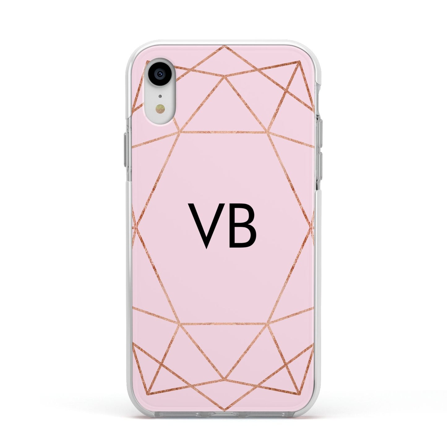 Personalised Pink Rose Gold Initials Geometric Apple iPhone XR Impact Case White Edge on Silver Phone