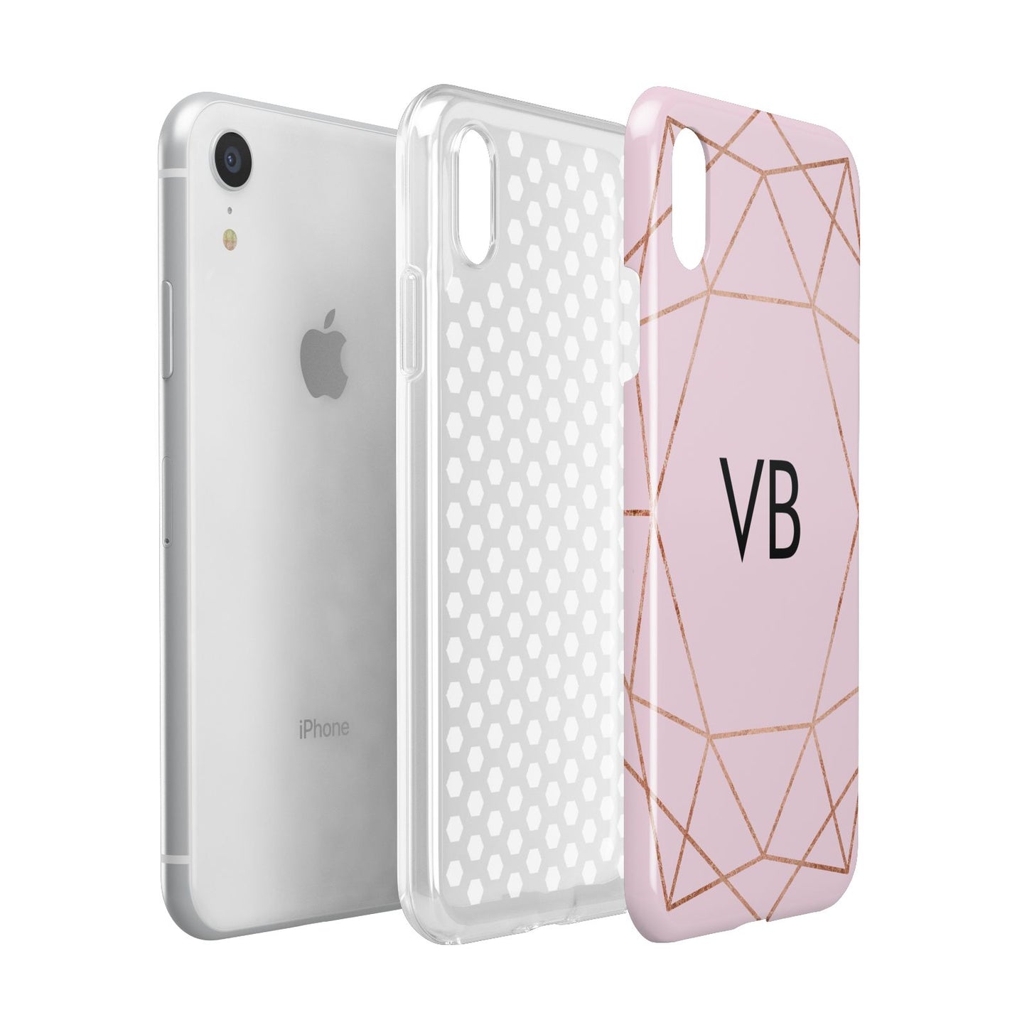 Personalised Pink Rose Gold Initials Geometric Apple iPhone XR White 3D Tough Case Expanded view