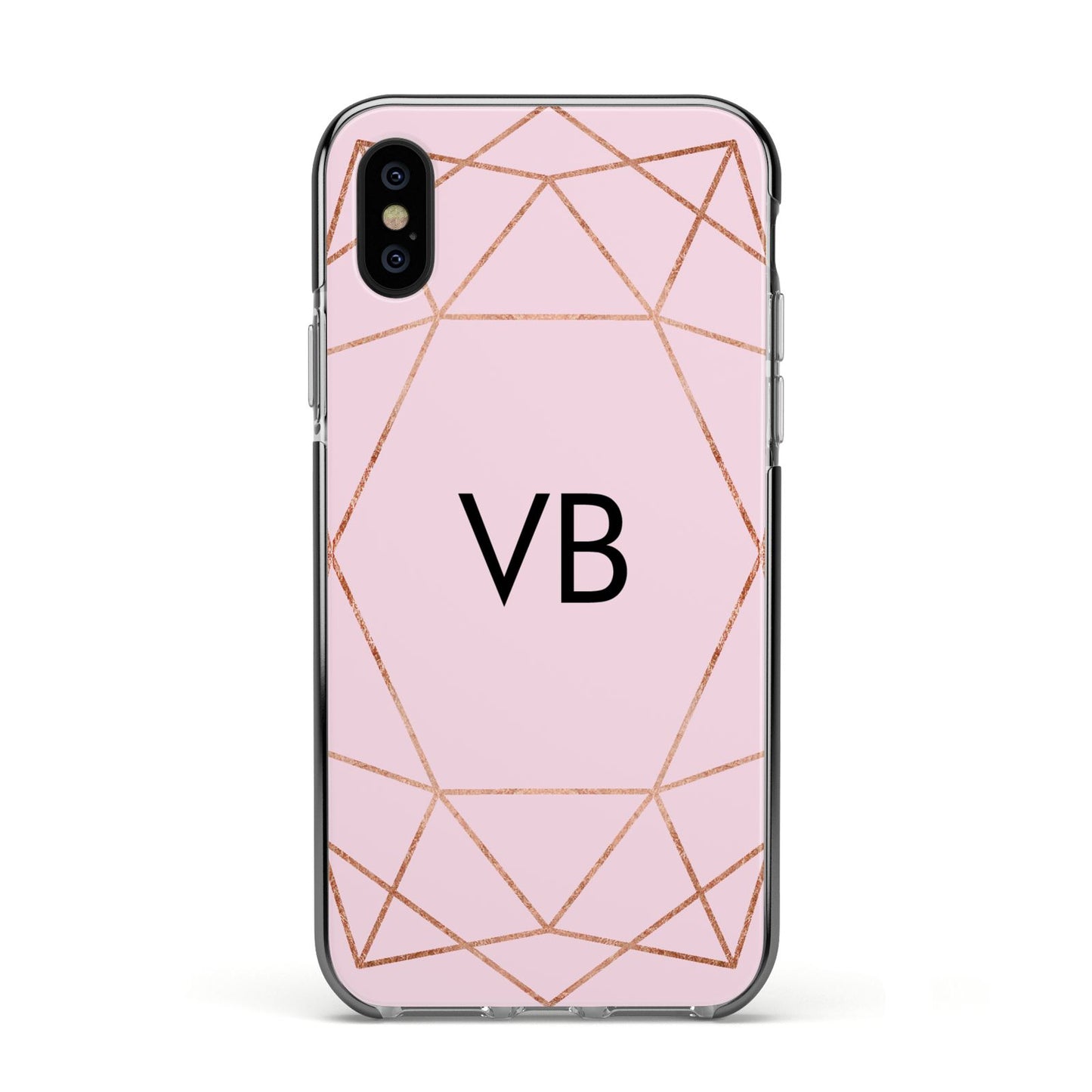 Personalised Pink Rose Gold Initials Geometric Apple iPhone Xs Impact Case Black Edge on Black Phone