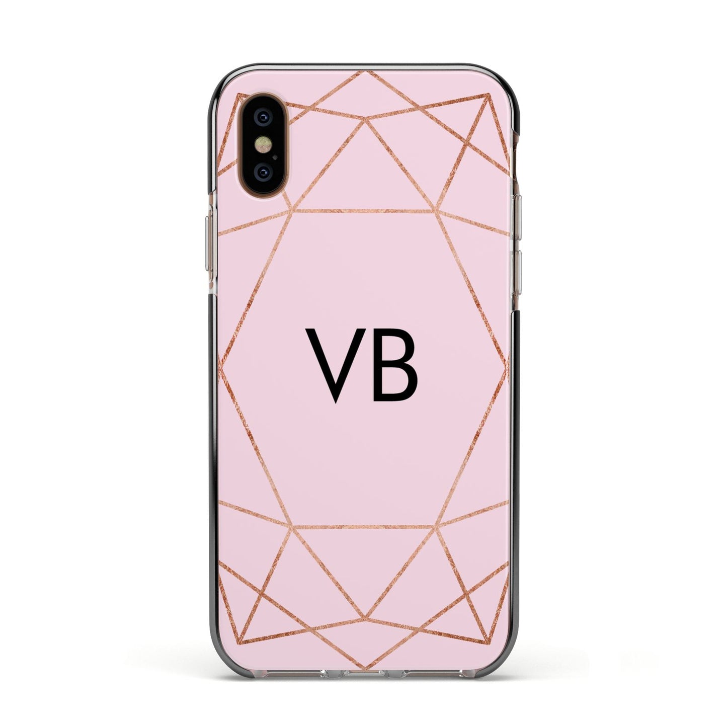 Personalised Pink Rose Gold Initials Geometric Apple iPhone Xs Impact Case Black Edge on Gold Phone