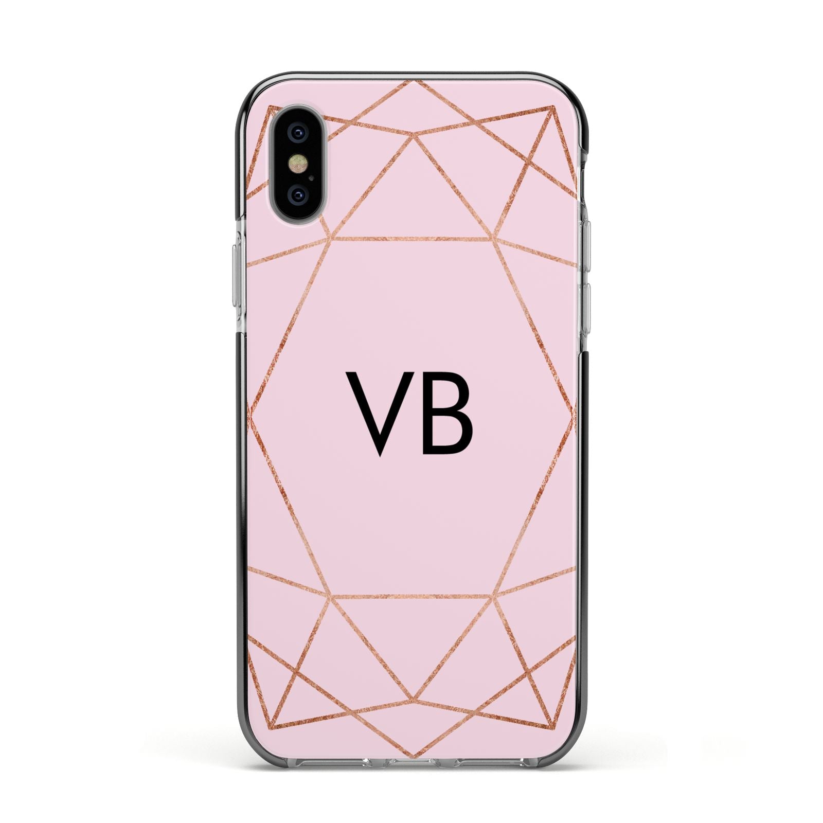 Personalised Pink Rose Gold Initials Geometric Apple iPhone Xs Impact Case Black Edge on Silver Phone