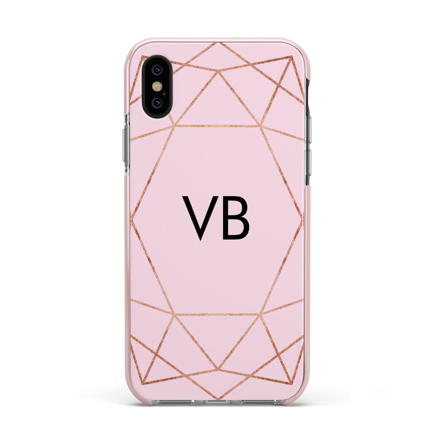 Personalised Pink Rose Gold Initials Geometric Apple iPhone Xs Impact Case Pink Edge on Black Phone