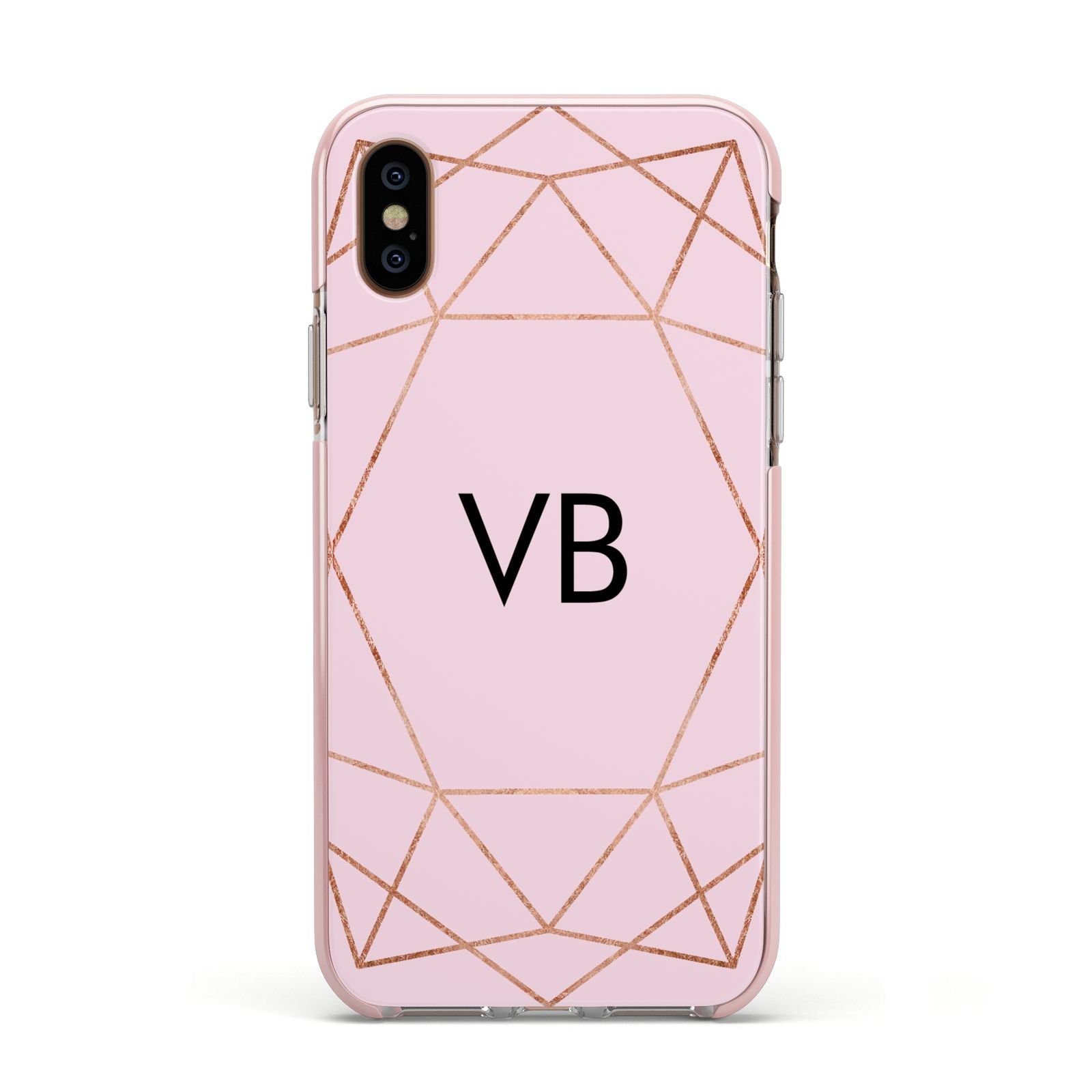 Personalised Pink Rose Gold Initials Geometric Apple iPhone Xs Impact Case Pink Edge on Gold Phone