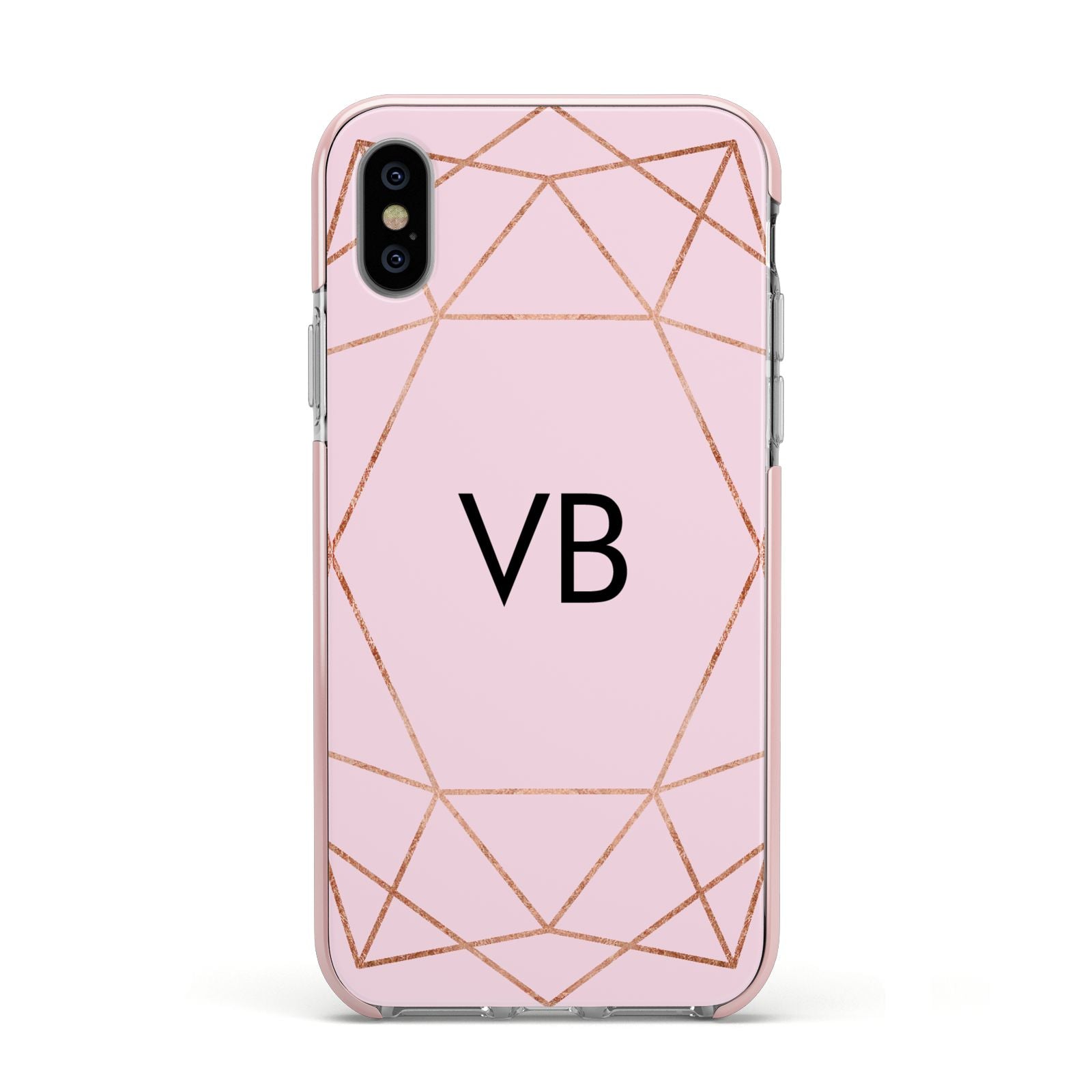 Personalised Pink Rose Gold Initials Geometric Apple iPhone Xs Impact Case Pink Edge on Silver Phone