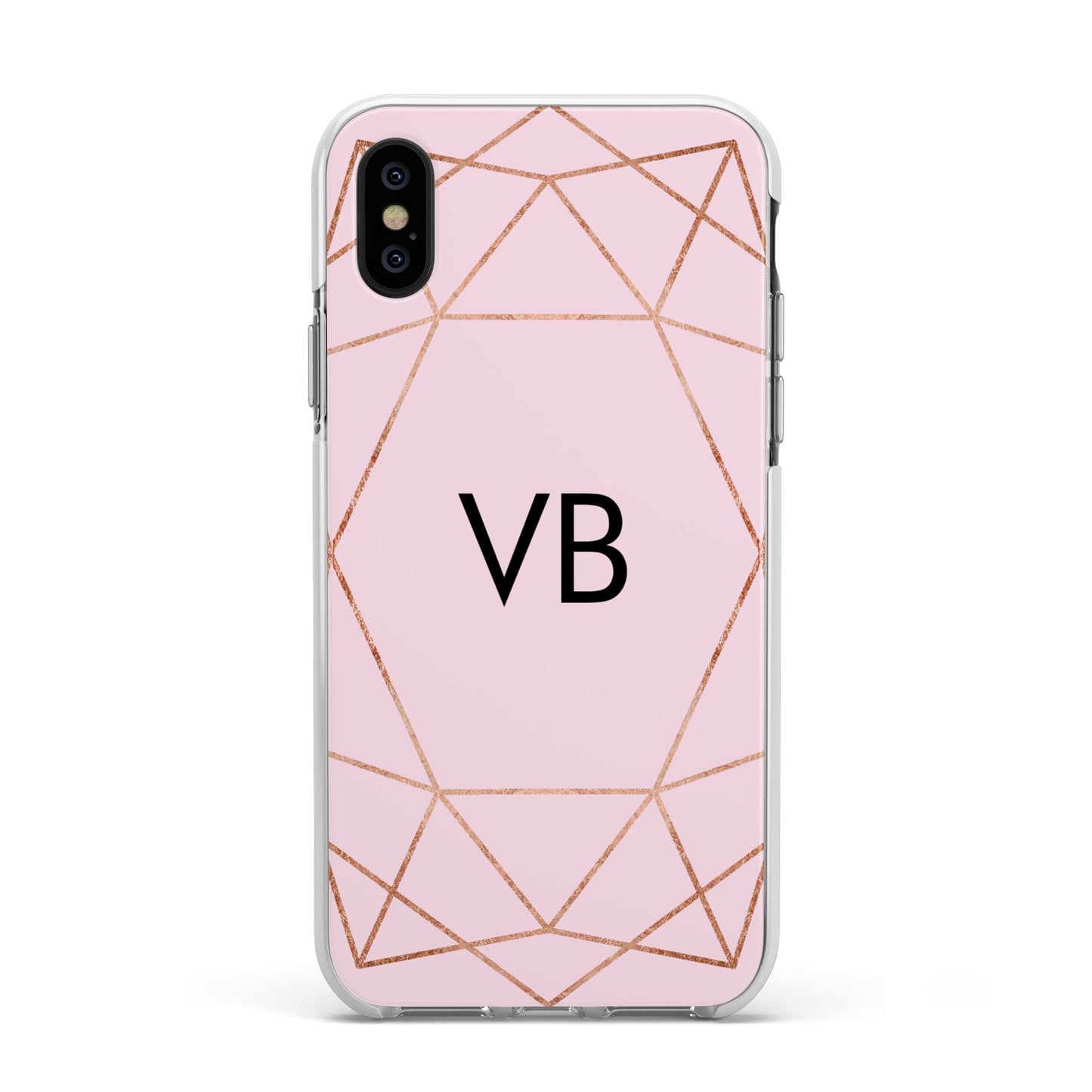 Personalised Pink Rose Gold Initials Geometric Apple iPhone Xs Impact Case White Edge on Black Phone