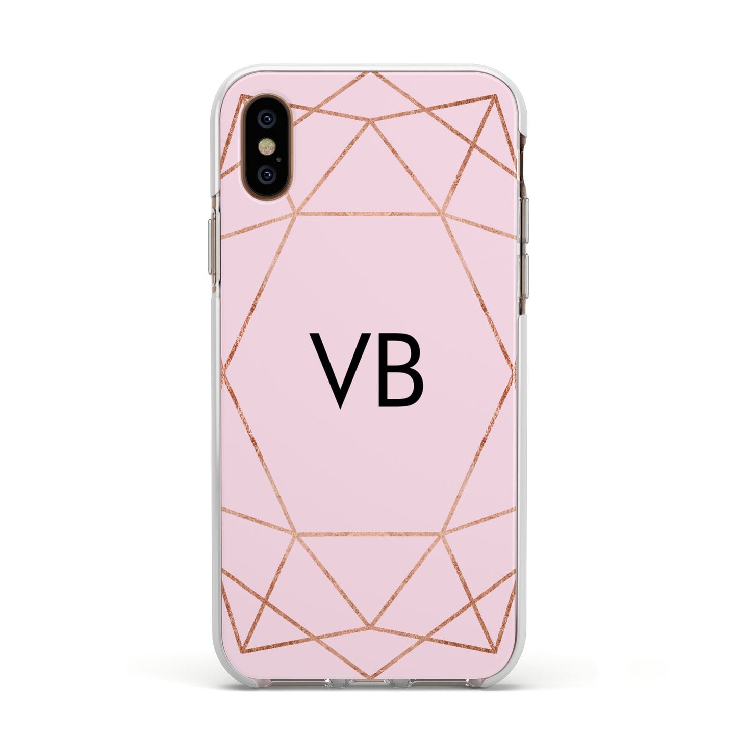 Personalised Pink Rose Gold Initials Geometric Apple iPhone Xs Impact Case White Edge on Gold Phone