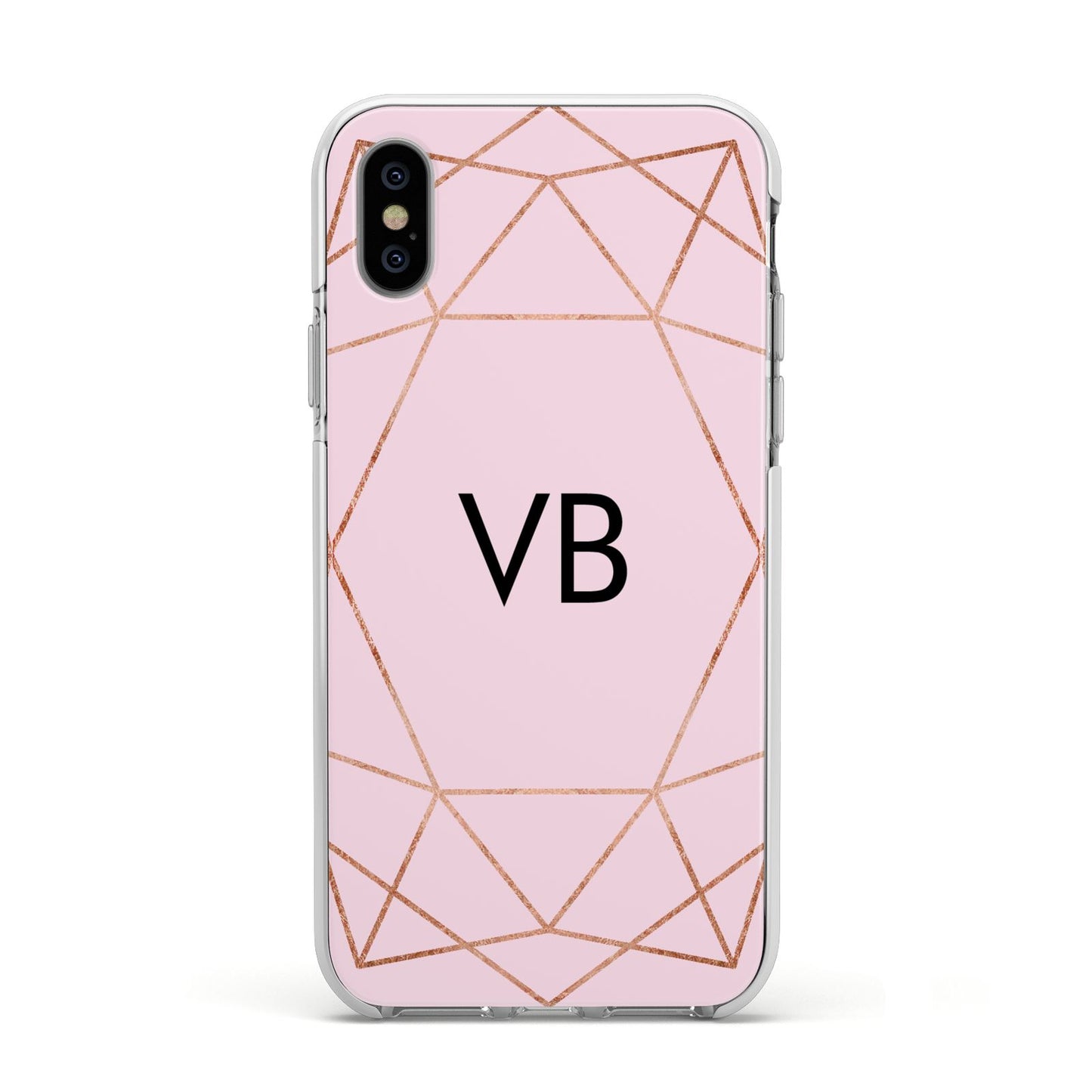 Personalised Pink Rose Gold Initials Geometric Apple iPhone Xs Impact Case White Edge on Silver Phone