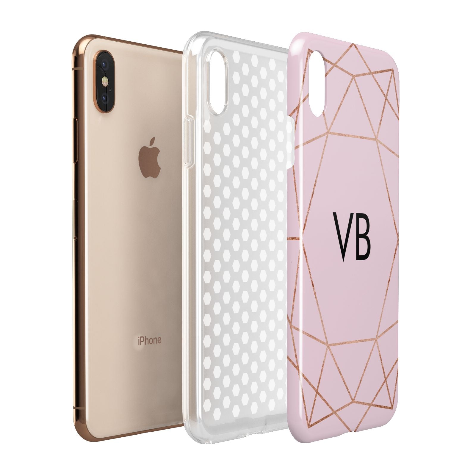 Personalised Pink Rose Gold Initials Geometric Apple iPhone Xs Max 3D Tough Case Expanded View