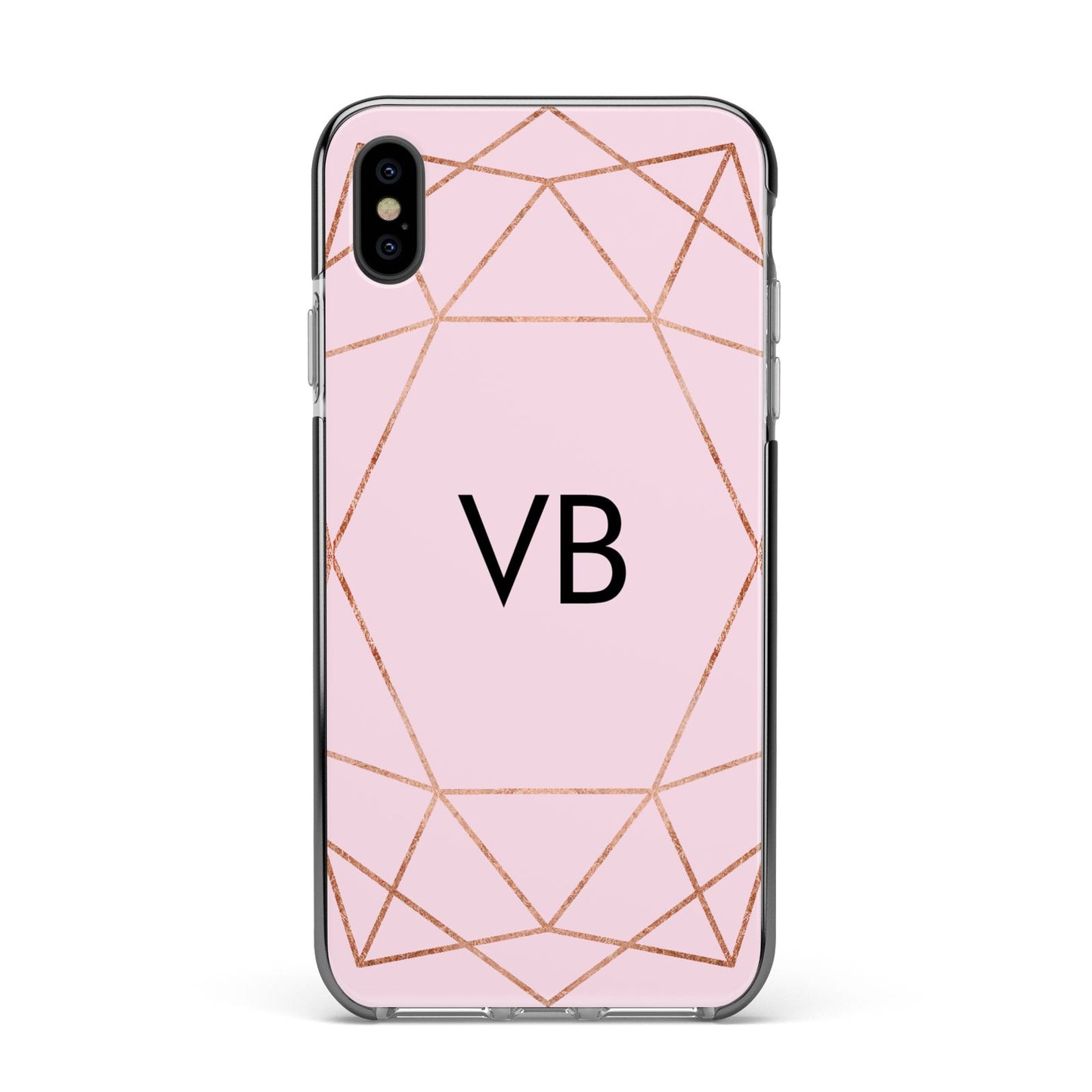 Personalised Pink Rose Gold Initials Geometric Apple iPhone Xs Max Impact Case Black Edge on Black Phone