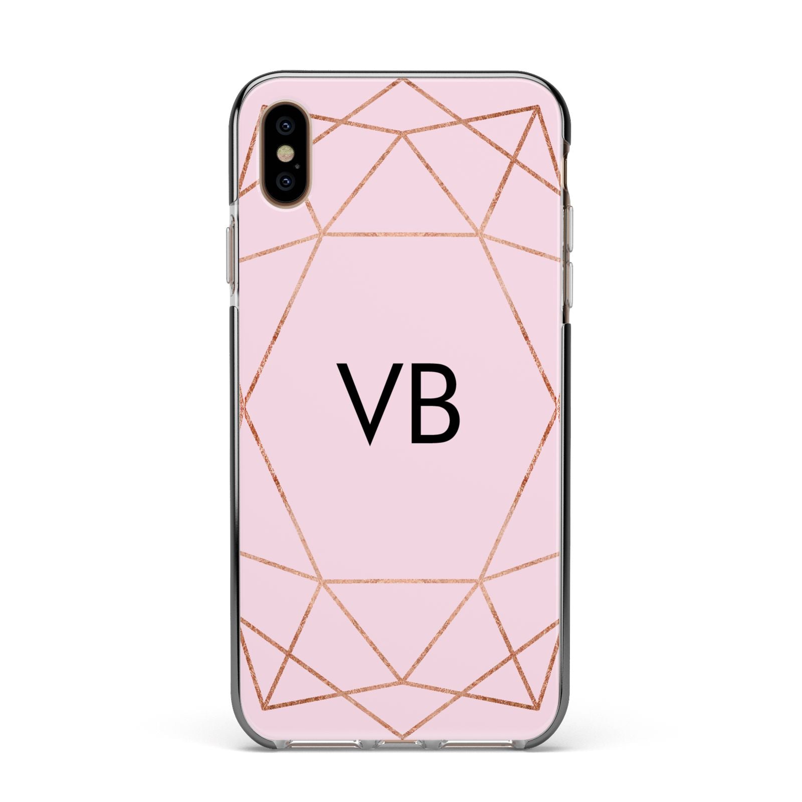 Personalised Pink Rose Gold Initials Geometric Apple iPhone Xs Max Impact Case Black Edge on Gold Phone