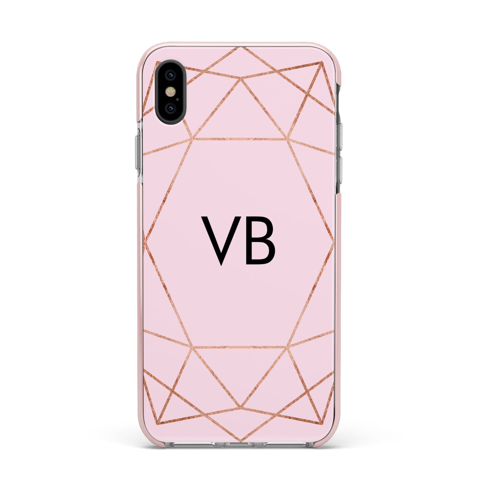 Personalised Pink Rose Gold Initials Geometric Apple iPhone Xs Max Impact Case Pink Edge on Black Phone