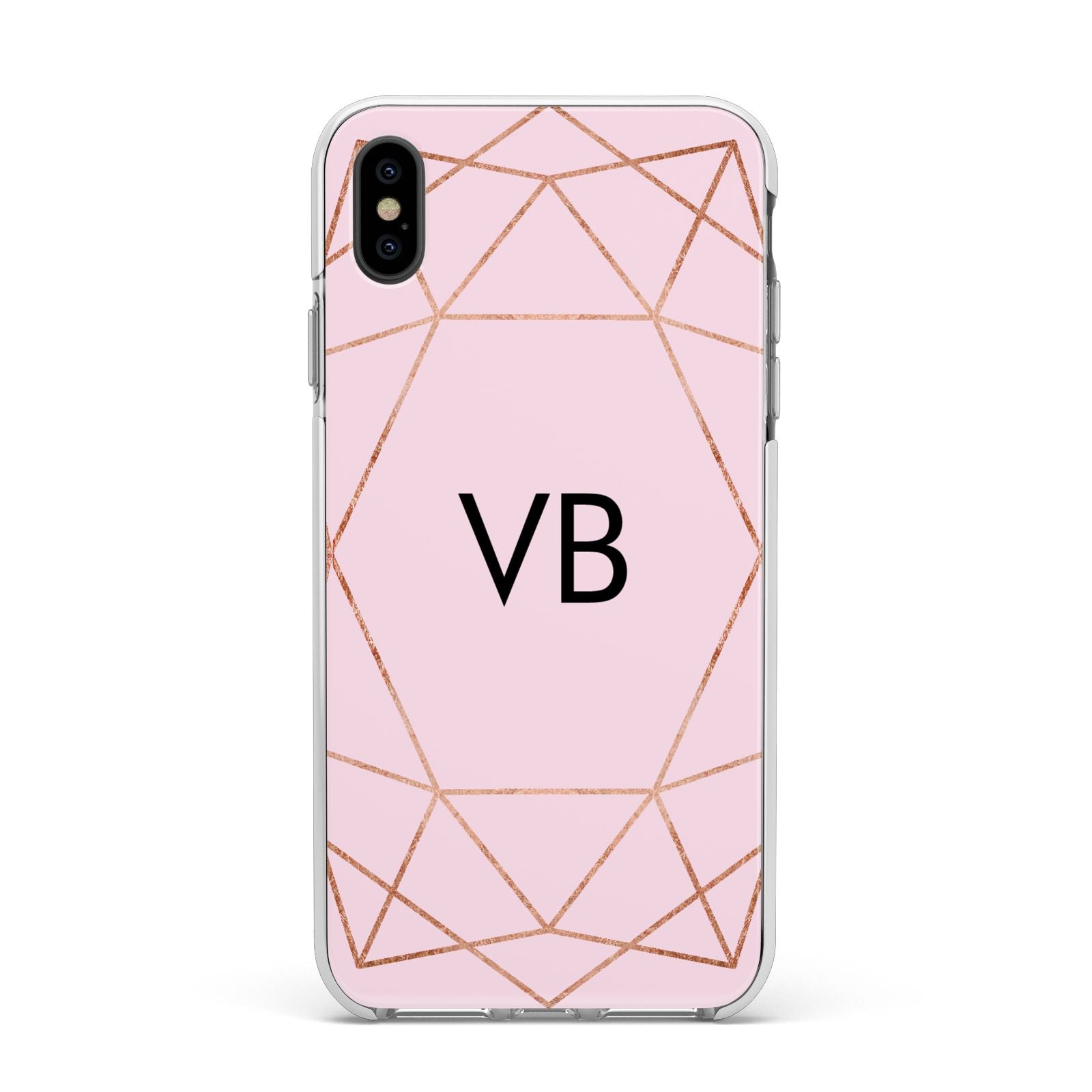 Personalised Pink Rose Gold Initials Geometric Apple iPhone Xs Max Impact Case White Edge on Black Phone