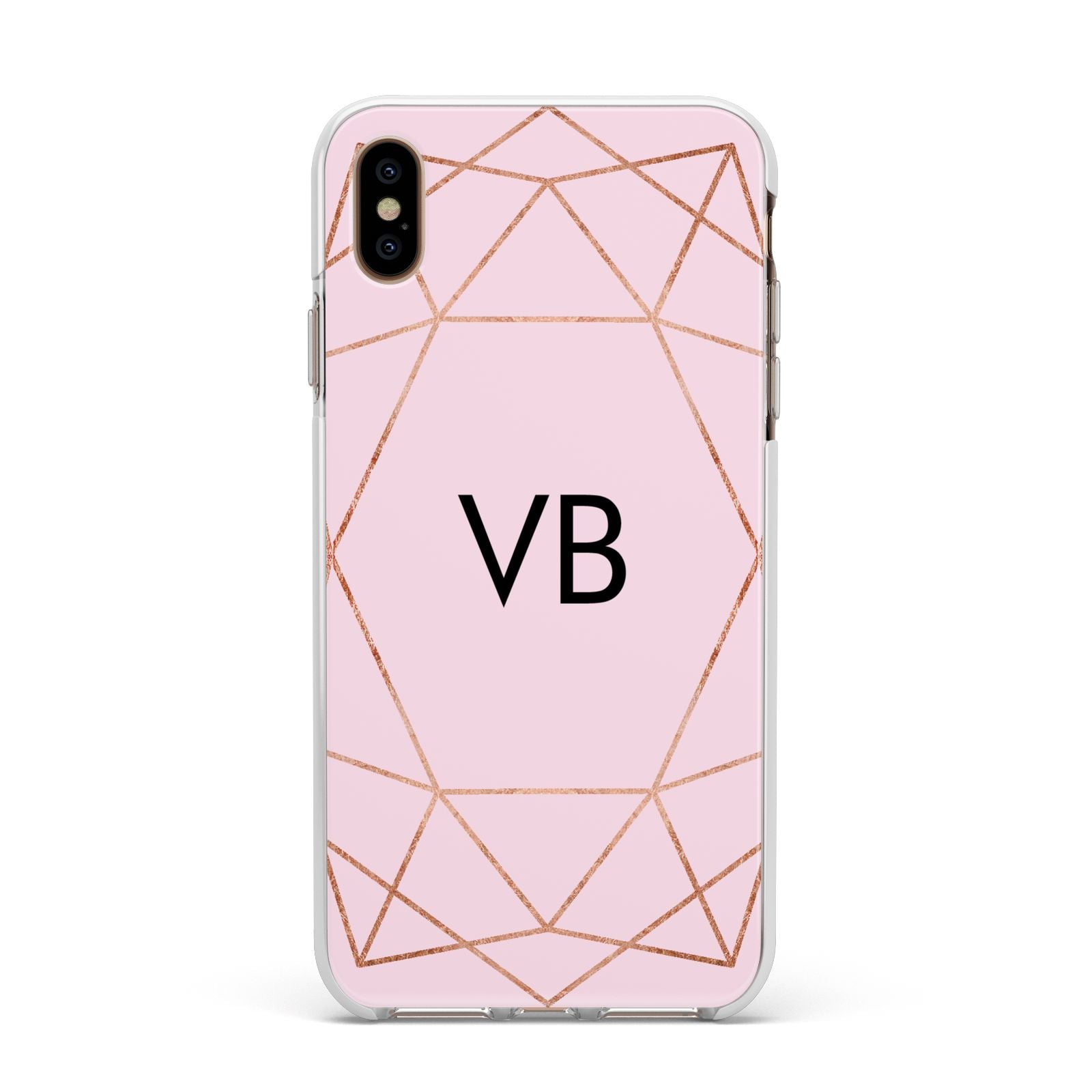 Personalised Pink Rose Gold Initials Geometric Apple iPhone Xs Max Impact Case White Edge on Gold Phone