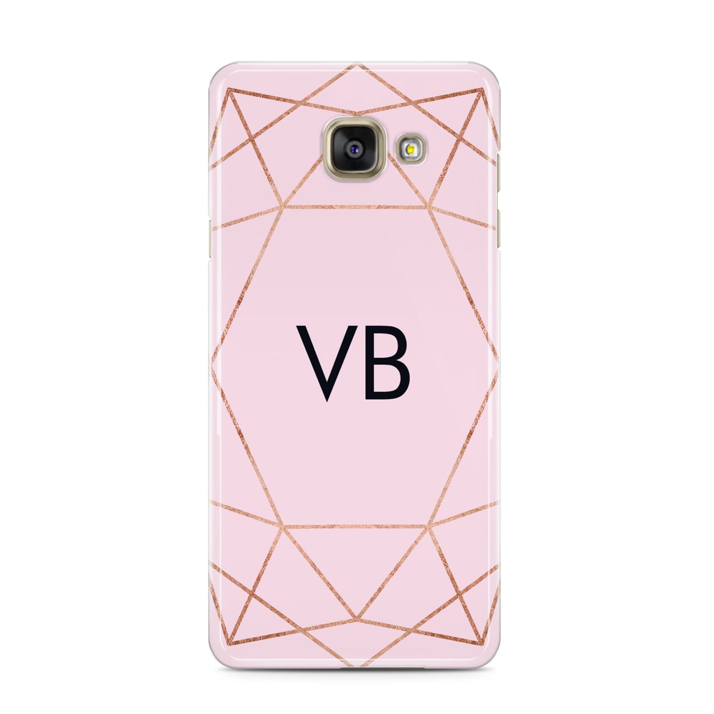 Personalised Pink Rose Gold Initials Geometric Samsung Galaxy A3 2016 Case on gold phone