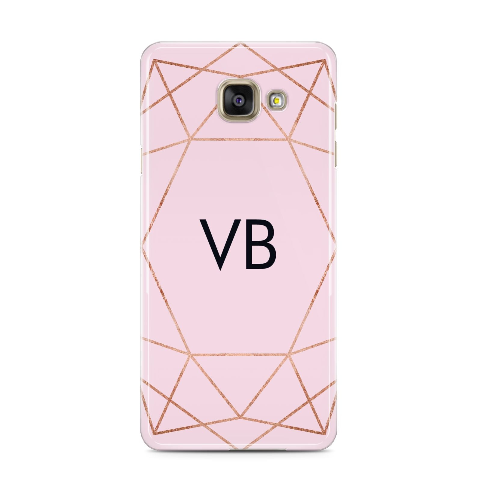 Personalised Pink Rose Gold Initials Geometric Samsung Galaxy A3 2016 Case on gold phone