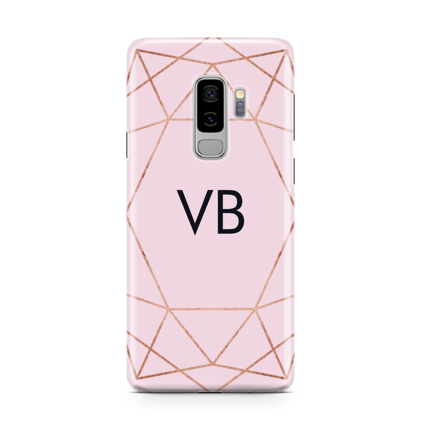 Personalised Pink Rose Gold Initials Geometric Samsung Galaxy S9 Plus Case on Silver phone