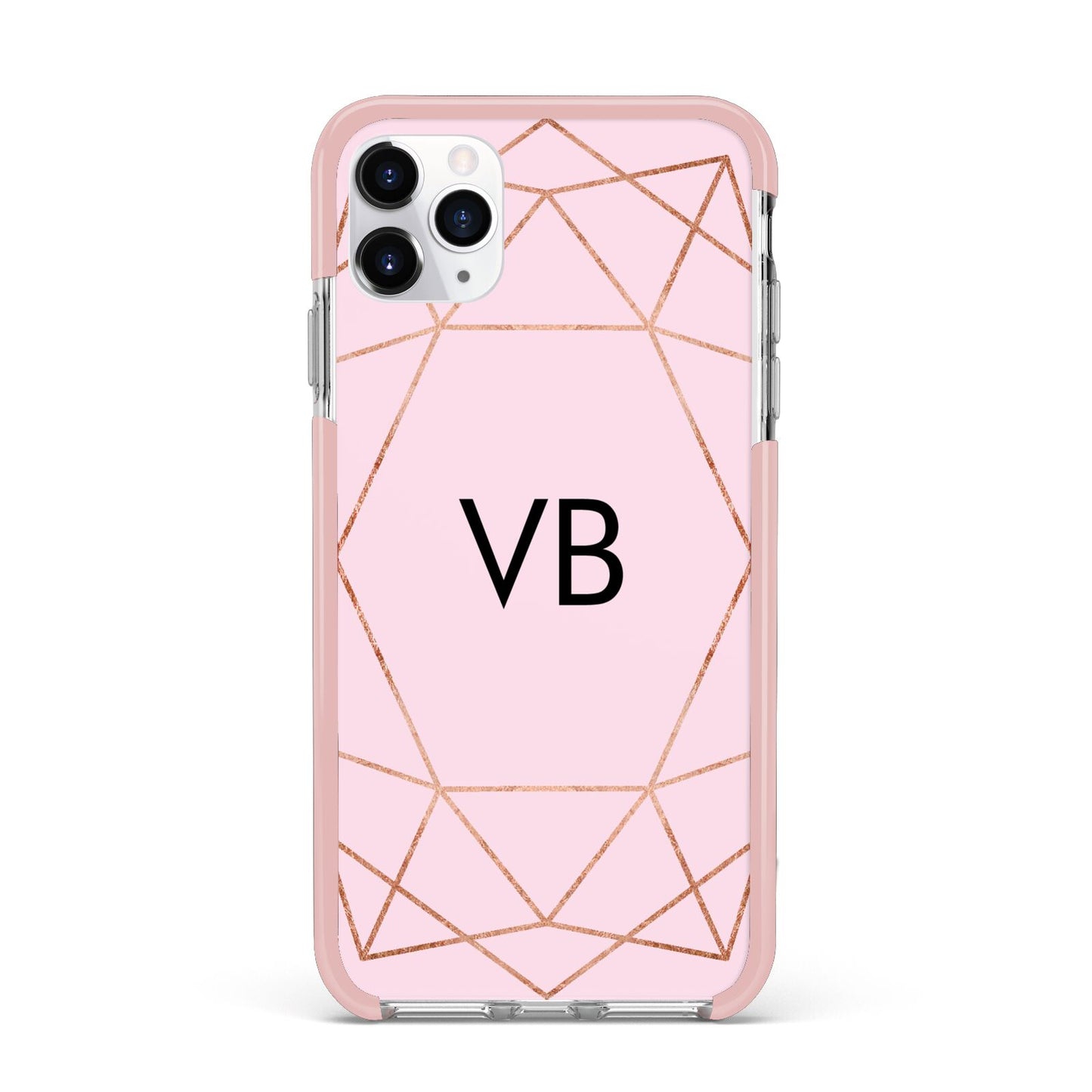 Personalised Pink Rose Gold Initials Geometric iPhone 11 Pro Max Impact Pink Edge Case