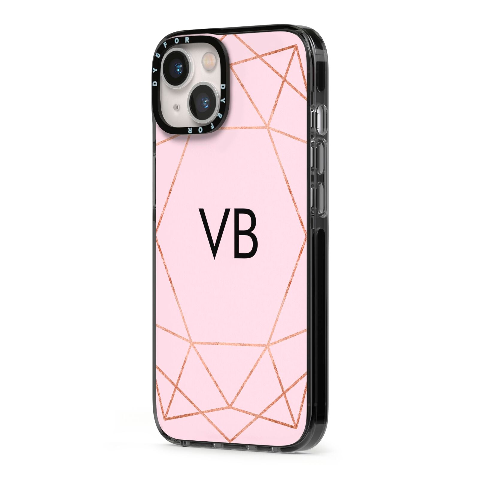 Personalised Pink Rose Gold Initials Geometric iPhone 13 Black Impact Case Side Angle on Silver phone