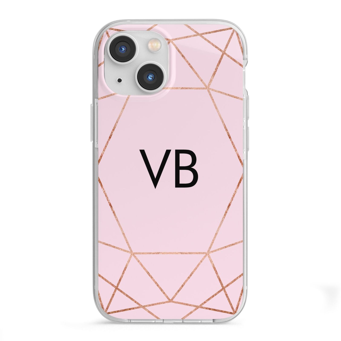 Personalised Pink Rose Gold Initials Geometric iPhone 13 Mini TPU Impact Case with White Edges