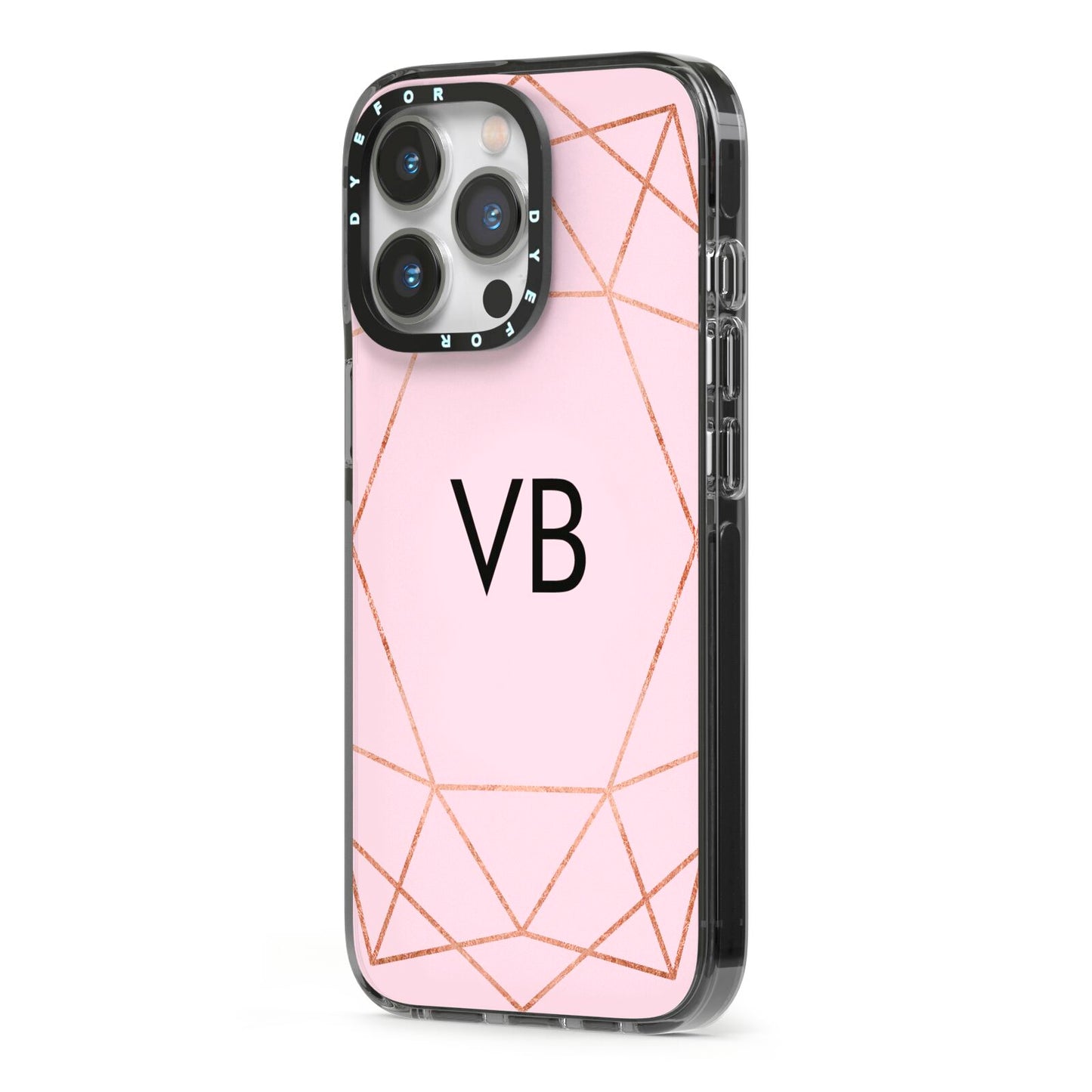 Personalised Pink Rose Gold Initials Geometric iPhone 13 Pro Black Impact Case Side Angle on Silver phone