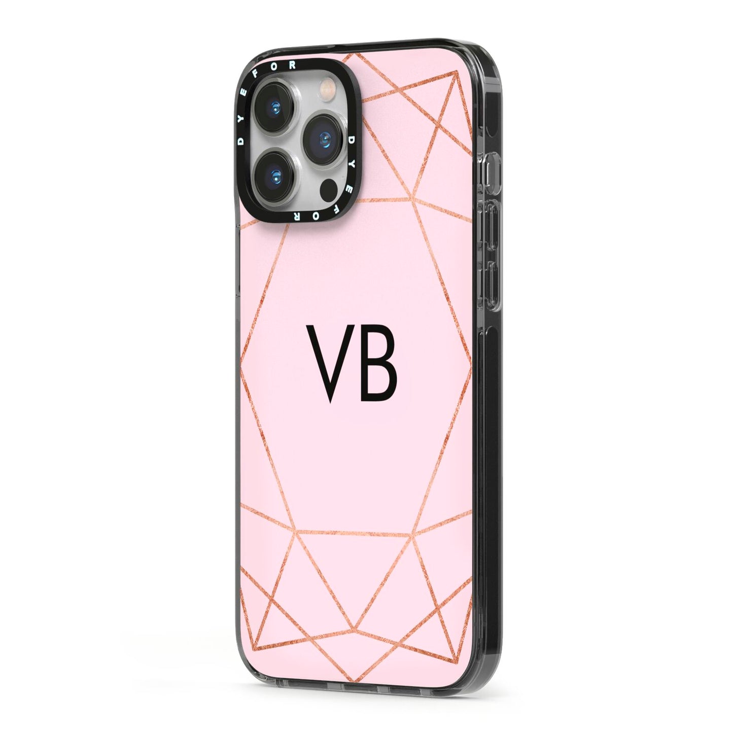 Personalised Pink Rose Gold Initials Geometric iPhone 13 Pro Max Black Impact Case Side Angle on Silver phone