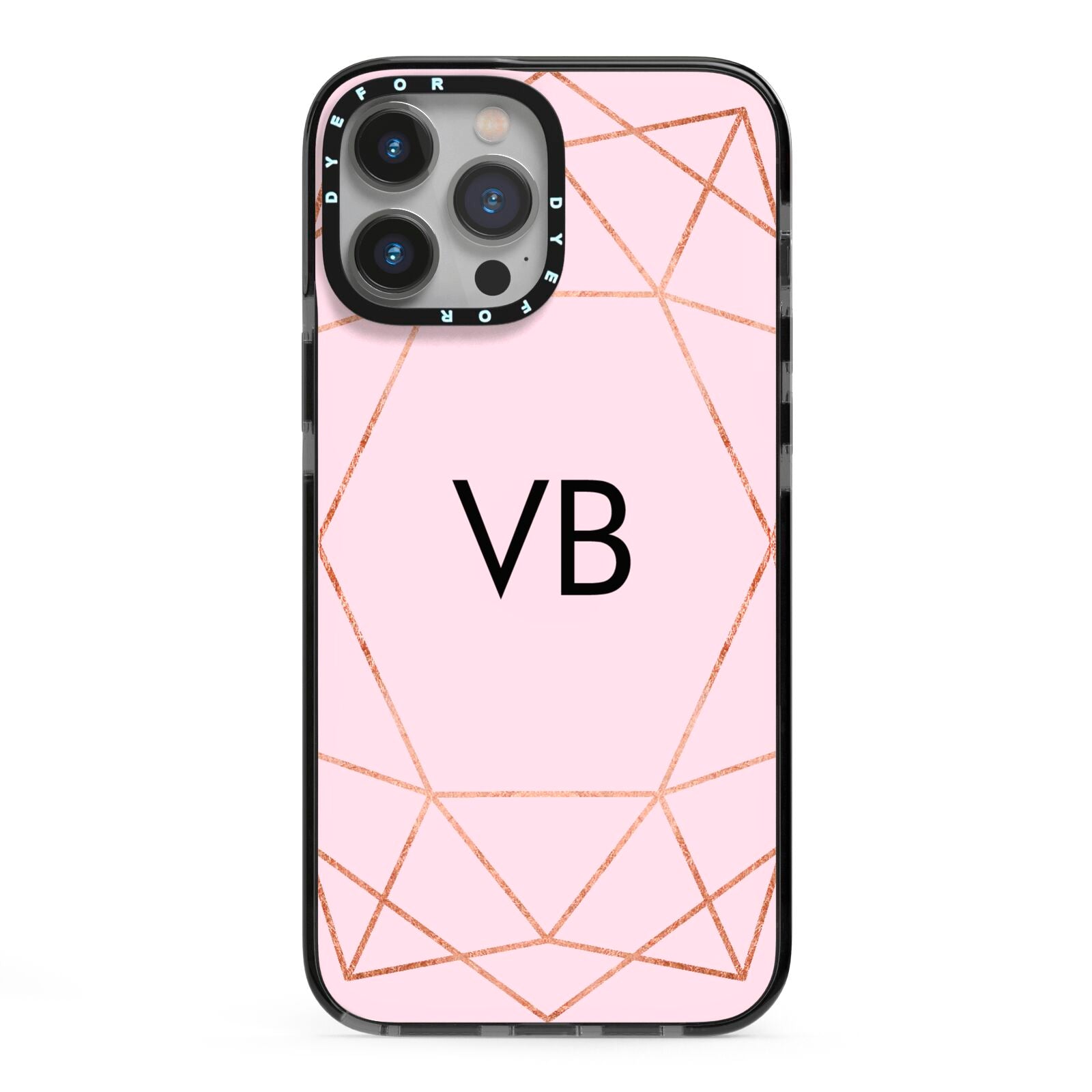 Personalised Pink Rose Gold Initials Geometric iPhone 13 Pro Max Black Impact Case on Silver phone