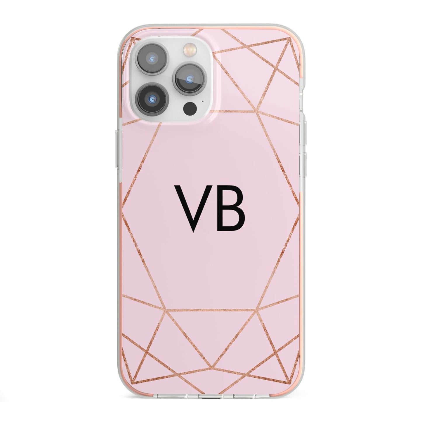 Personalised Pink Rose Gold Initials Geometric iPhone 13 Pro Max TPU Impact Case with Pink Edges