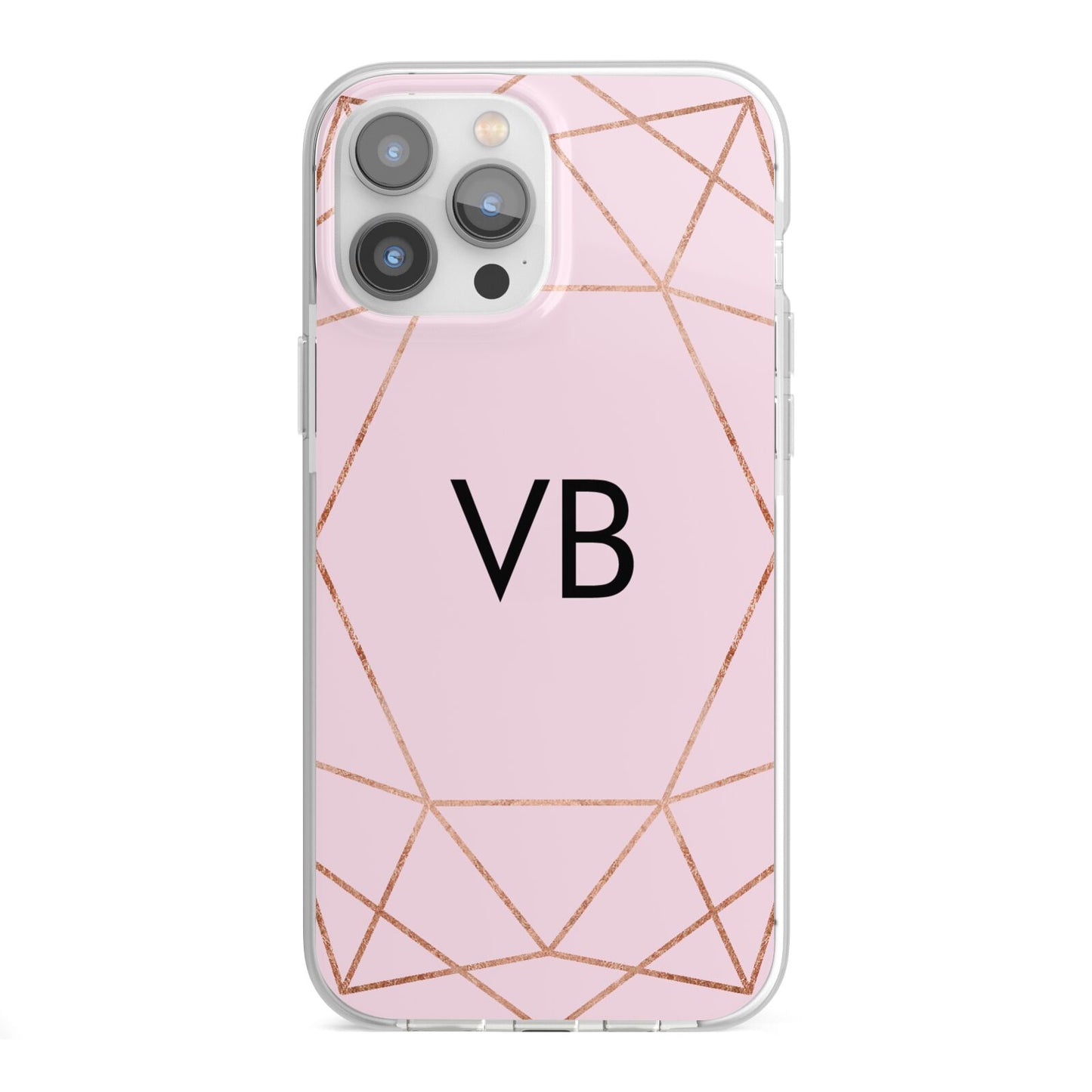 Personalised Pink Rose Gold Initials Geometric iPhone 13 Pro Max TPU Impact Case with White Edges