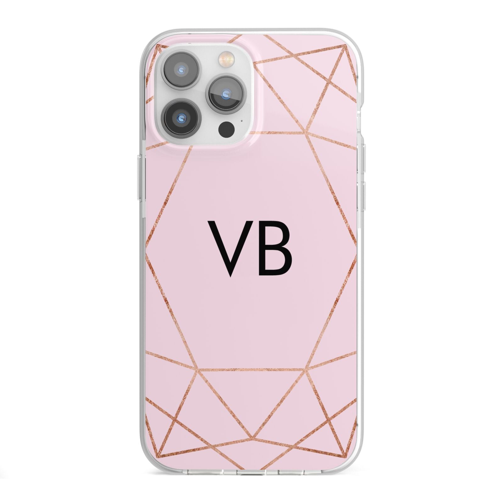 Personalised Pink Rose Gold Initials Geometric iPhone 13 Pro Max TPU Impact Case with White Edges